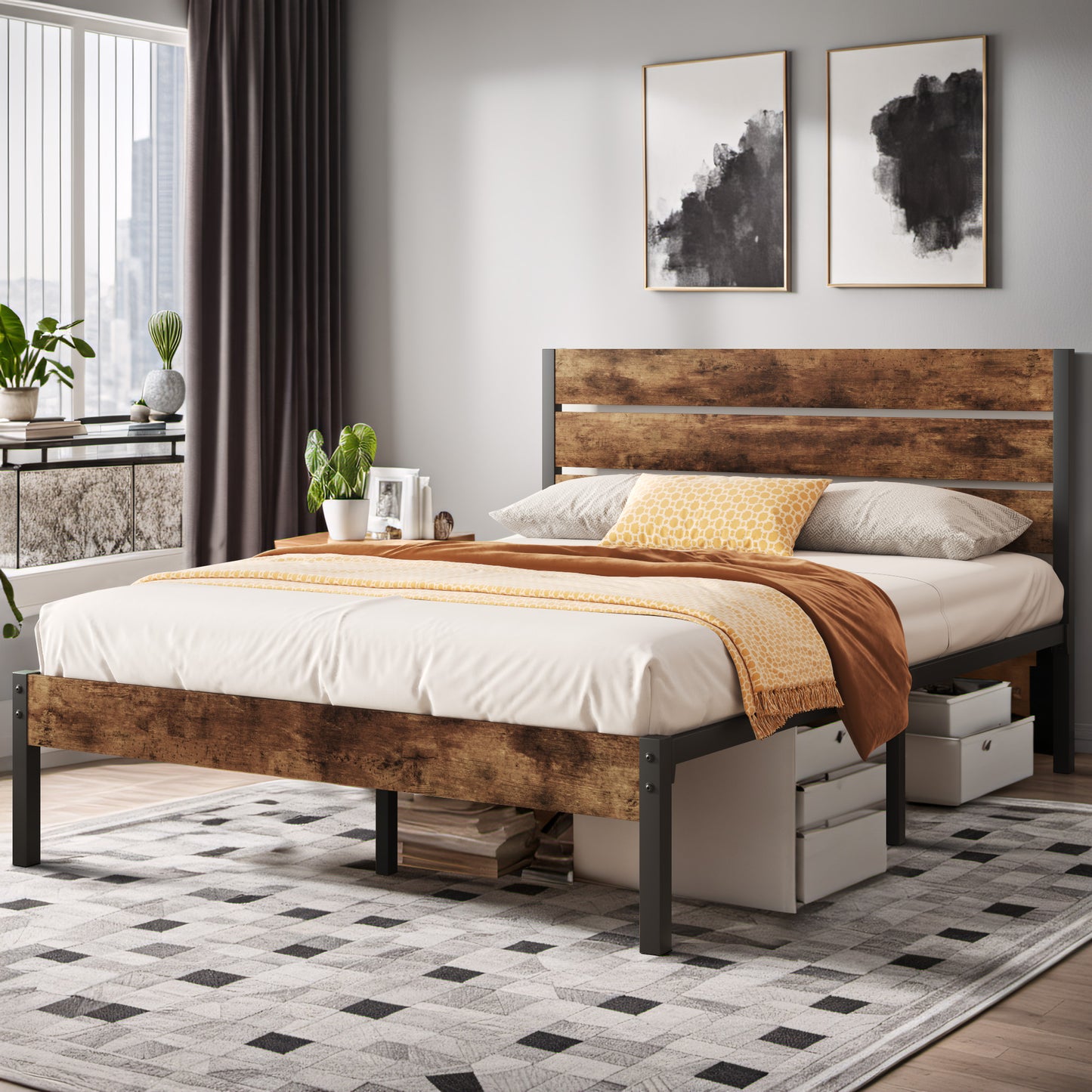 Lifezone Queen Bed Frame with Rustic Vintage Wood Headboard and Footboard, Metal Support, Rustic Brown