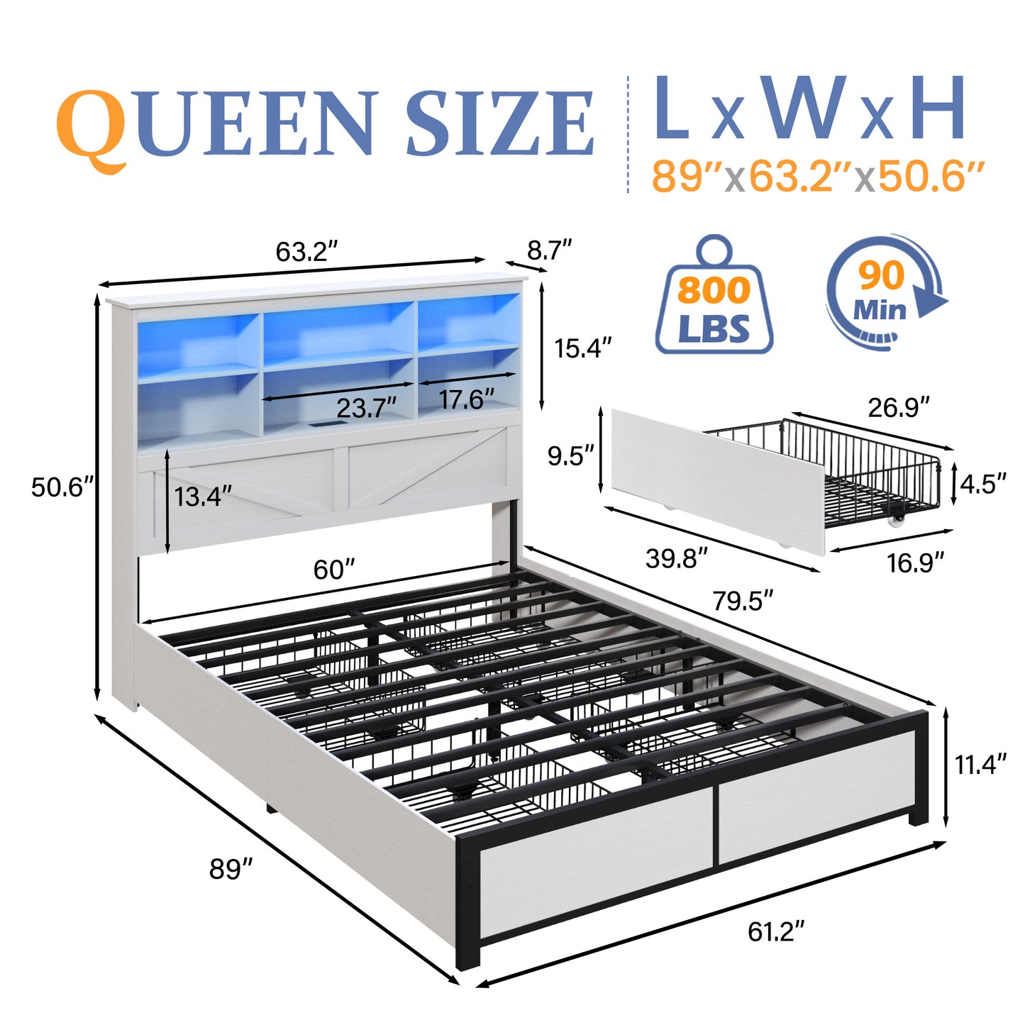 Lifezone Queen Size Platform Bed Frame with High Storage Bookcase Headboard, Queen Bed Frame with 4 Storage Drawers,Charging Station & LED, No Box Spring Needed/Noise Free