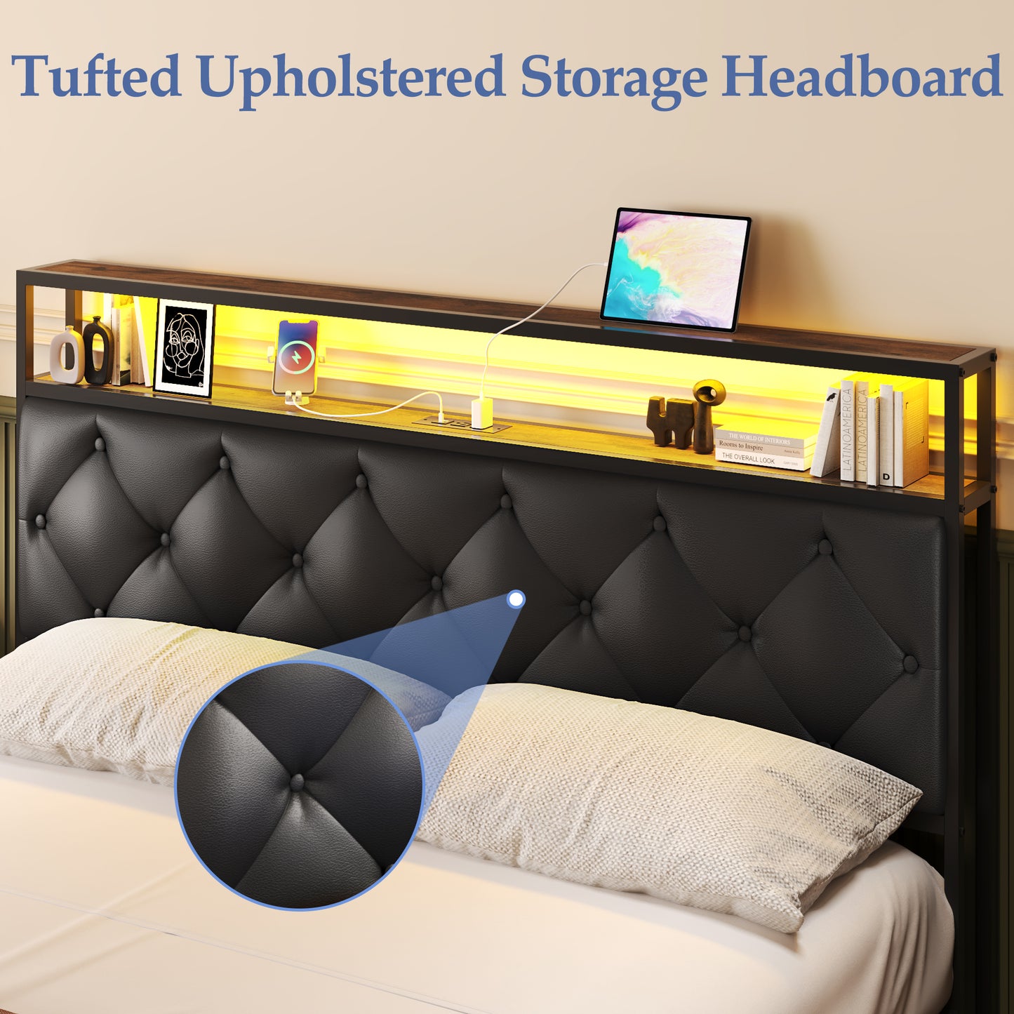 Lifezone Queen Bed Frame with Headboard Platform Bed with Charging Station & LED, 4 Storage Drawers, Metal Support