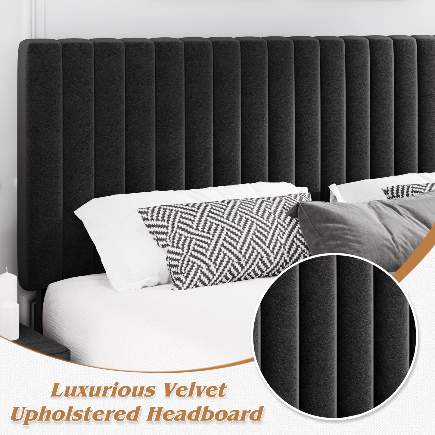 Lifezone Queen Bed Frame with Adjustable headboard,Velvet Upholstered Headboard with Wood Slats Support,Easy Assembly,No Box Spring Needed,Black