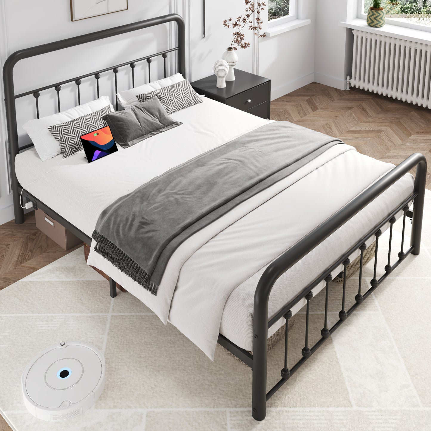 Lifezone Queen bed frame, classic metal platform bed frame, with charging station and LED, no need for springs, no noise, black