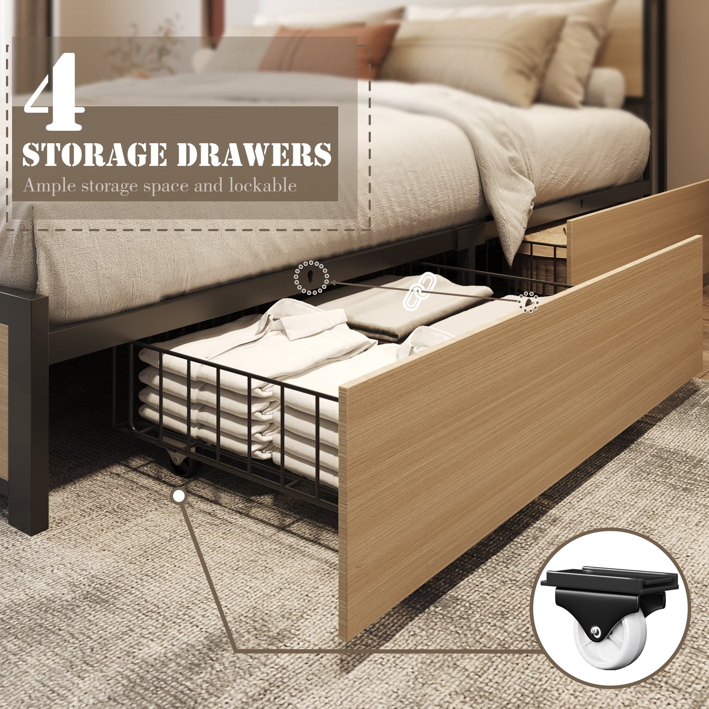 Lifezone Rustic Adult Queen MDF Metal Bookcase Bed with LED Light & Drawers, Beige