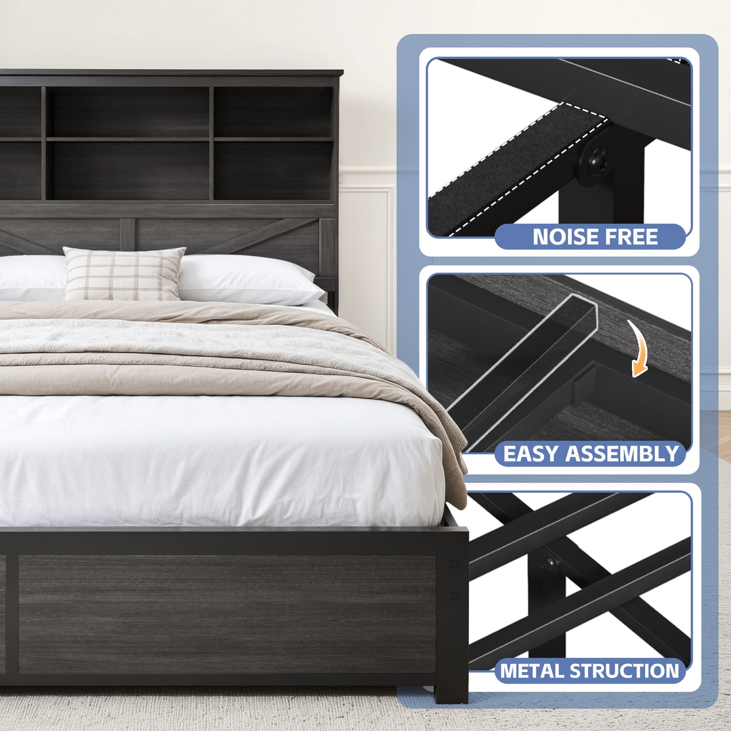 Lifezone Queen Size Platform Bed Frame with High Storage Bookcase Headboard, Queen Bed Frame with 4 Storage Drawers,Charging Station & LED, No Box Spring Needed/Noise Free