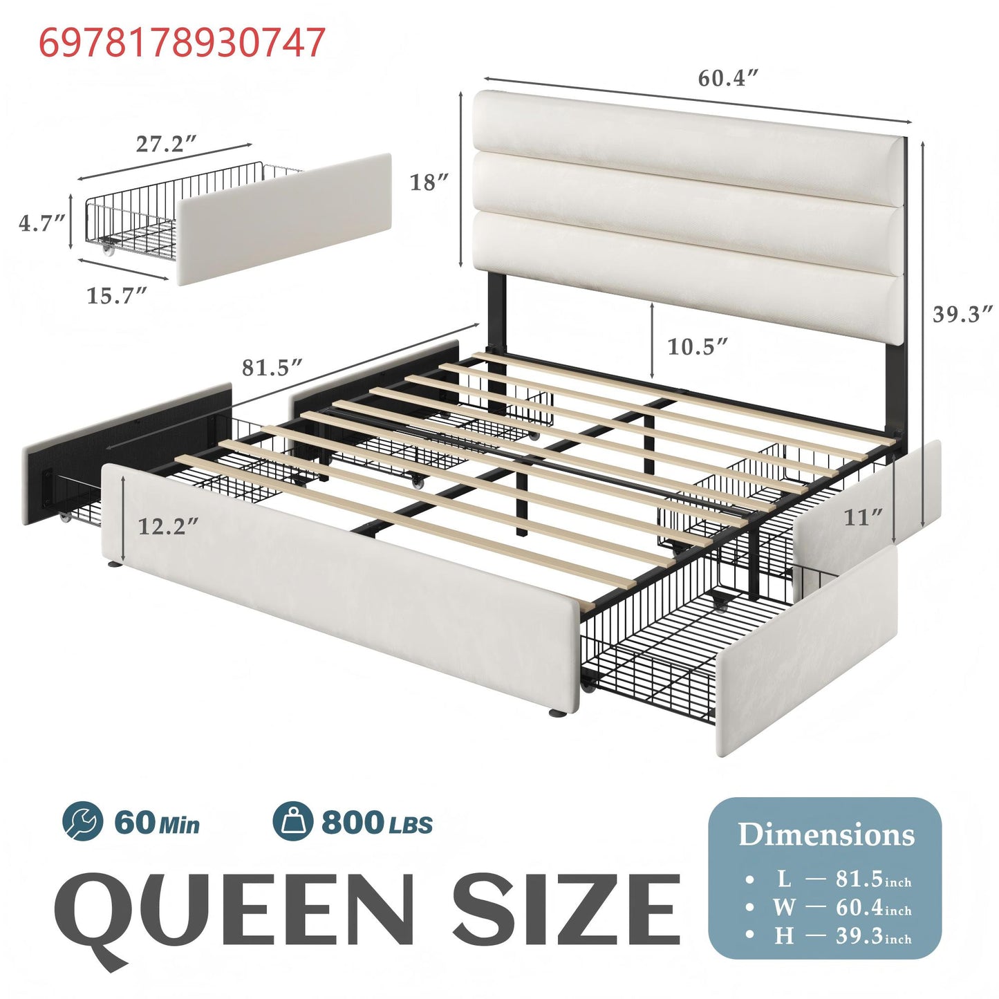 Lifezone Queen Bed Frame with Velvet Upholstered Headboard, Queen Size Platform Bed with Storage Drawers, Metal Support, No Box Spring Needed, Noise-Free, Easy Assembly, White