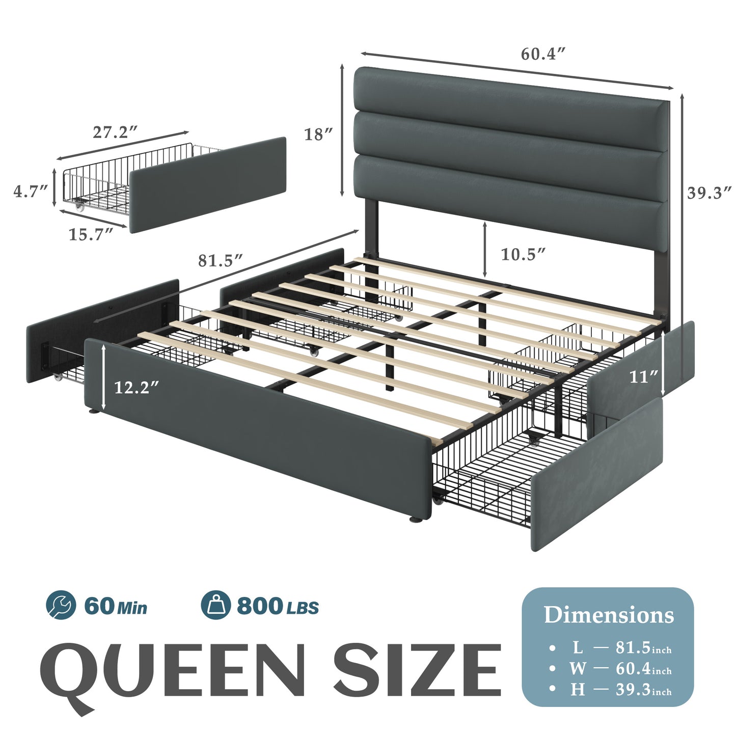 Lifezone Velvet Upholstered Queen Bed Frame with 4 Storage Drawers and Headboard, Bed Frame Queen Size with Metal Support, No Box Spring Needed, No-Noise, Easy Assembly