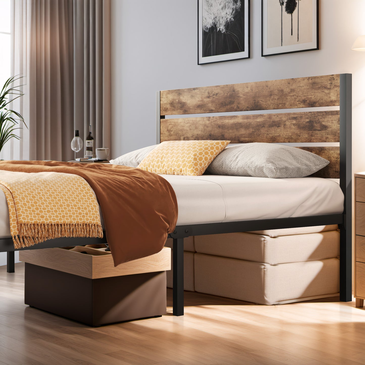Lifezone Queen Bed Frame with Rustic Vintage Wood Headboard and Footboard, Metal Support, Rustic Brown