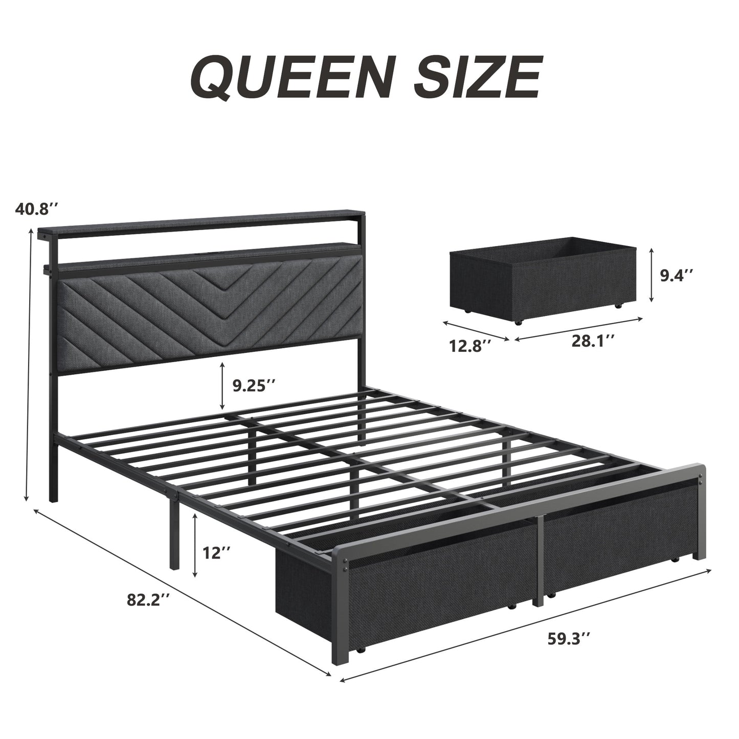 Lifezone Queen Bed Frame with 2-Tier Storage Headboard, USB Port and LED Light, 2 Storage Drawers, Grey