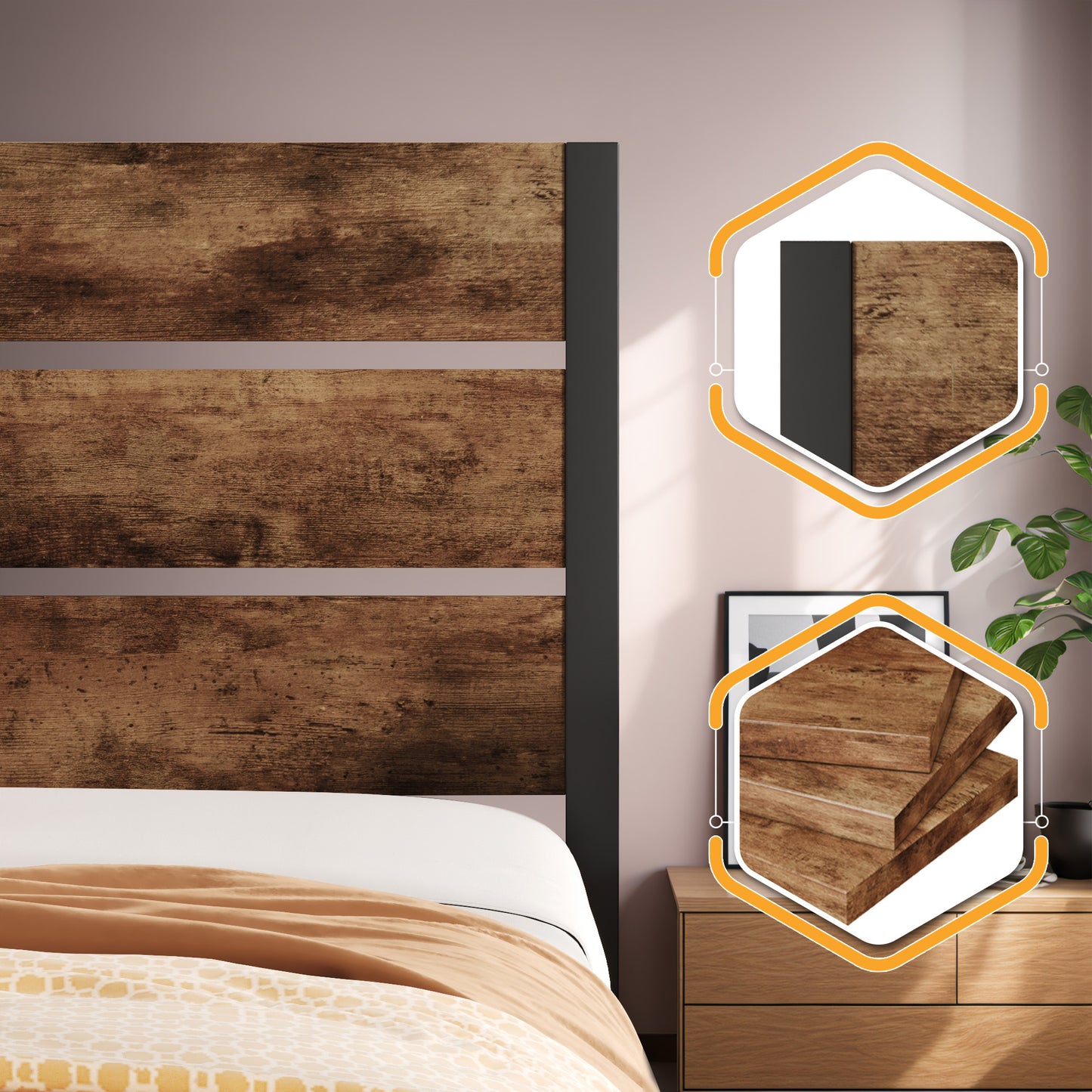 Lifezone Queen Bed Frame with Rustic Vintage Wood Headboard and Footboard, Metal Support, Rustic Brown