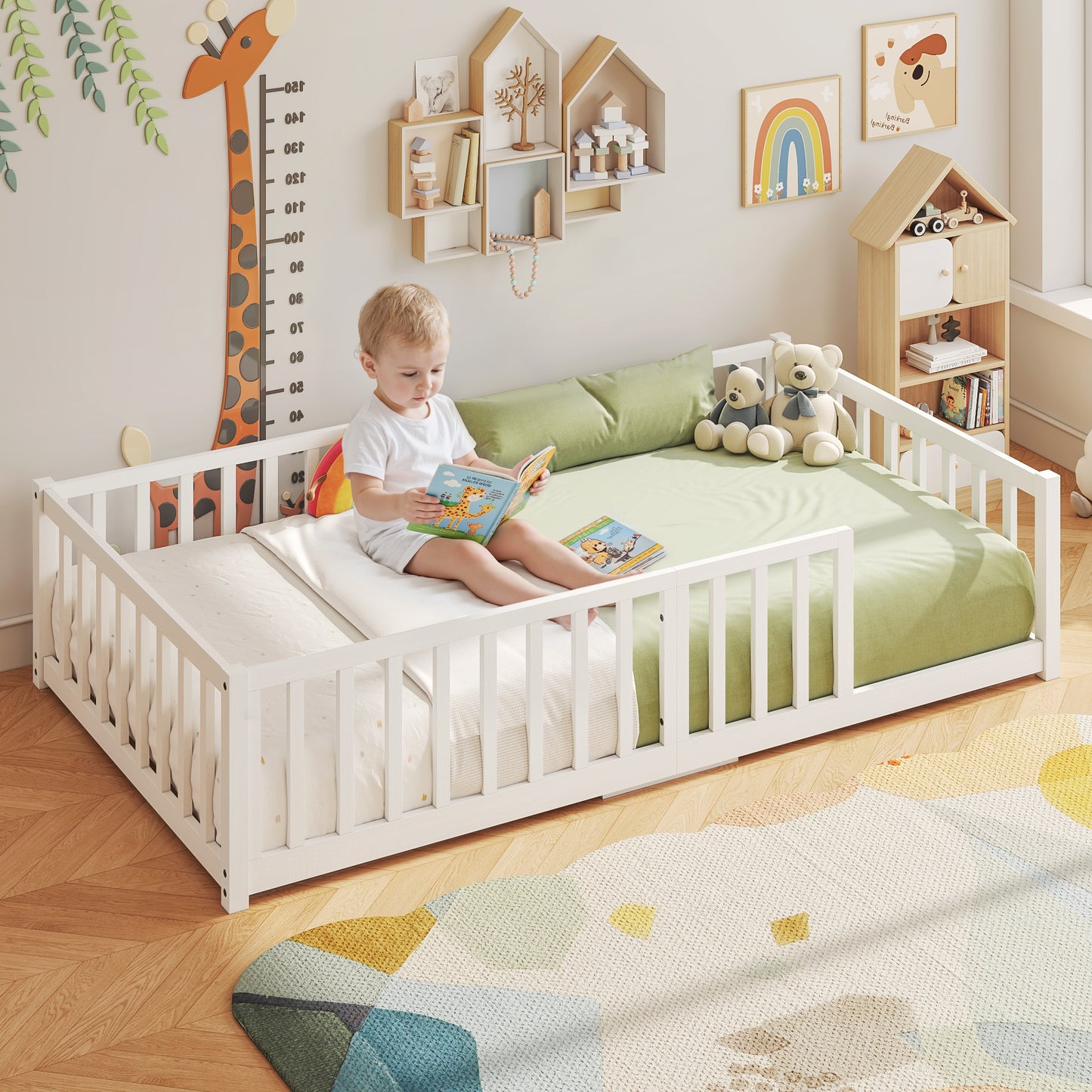 Toddler Floor Bed with Wood Slats, Twin Size Montessori Bed Frame for Girls and Boys, high Safety Guardrails, No Box Spring Needed, White