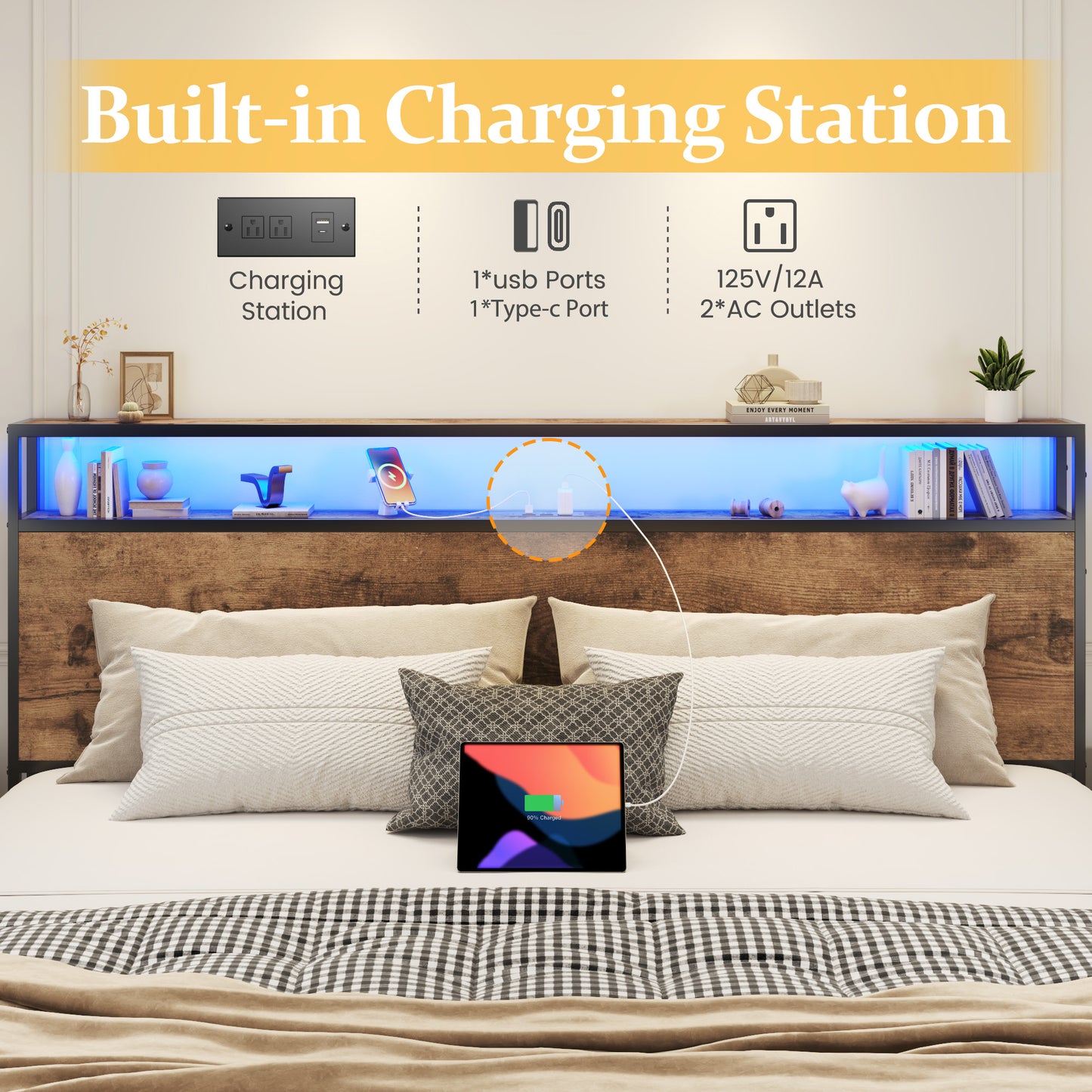 Lifezone King Size Bed Frame with 2-Tier Bookcase Headboard Platform Bed with Charging Station & LED, 4 Storage Drawers, Metal Support, No Box Spring Needed, Noise Free, Grey