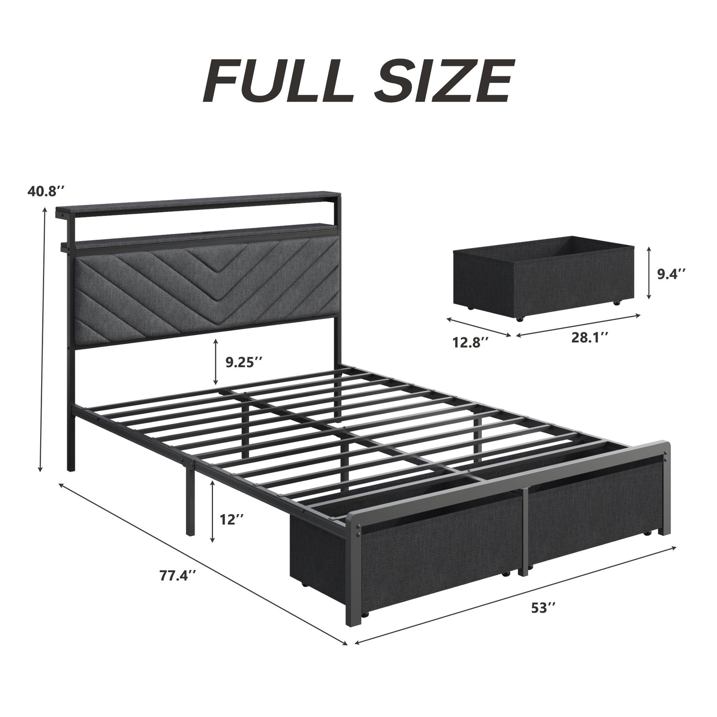 Full bed frame with charging station, LED lights, and storage drawers, with soft cushioned headboard, under bed storage space, easy to install, gray