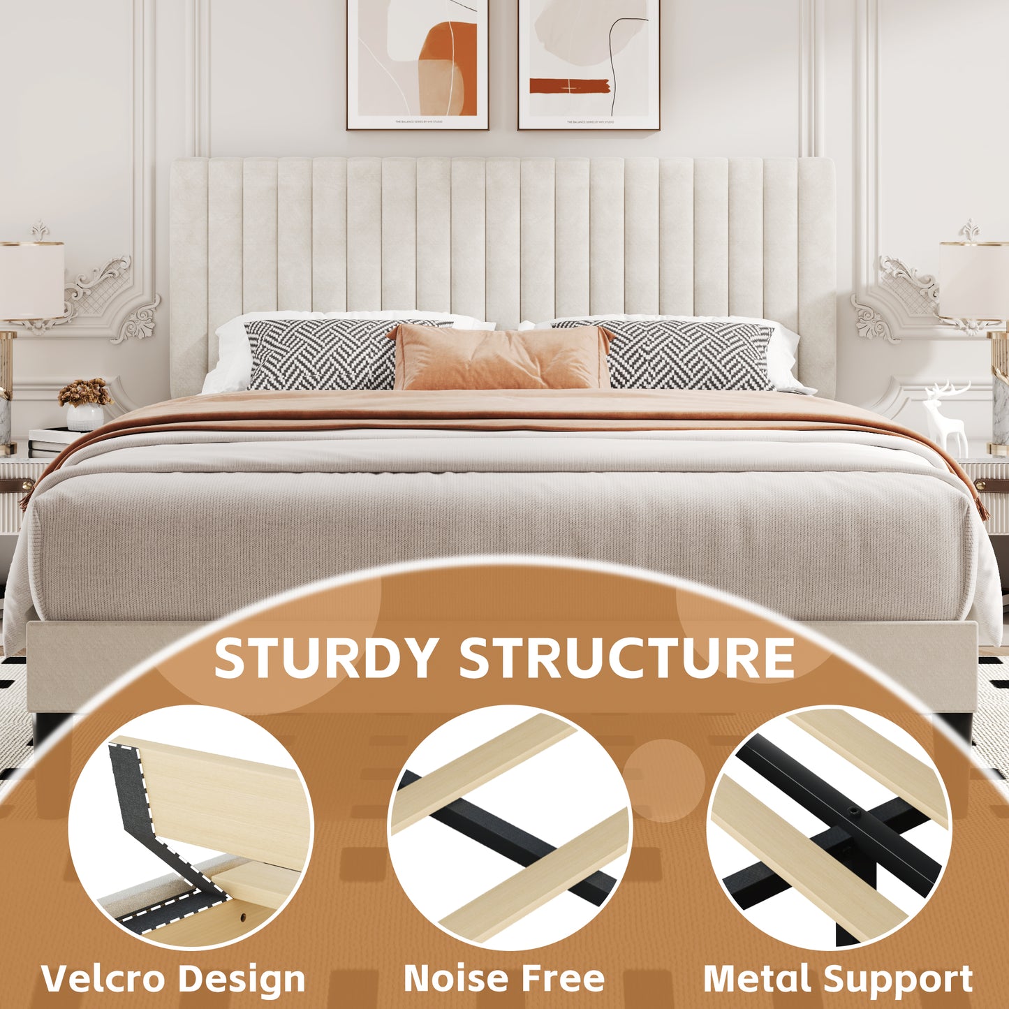 Lifezone Queen Bed Frame with Adjustable headboard,Velvet Upholstered Headboard with Wood Slats Support,Easy Assembly,No Box Spring Needed,Black