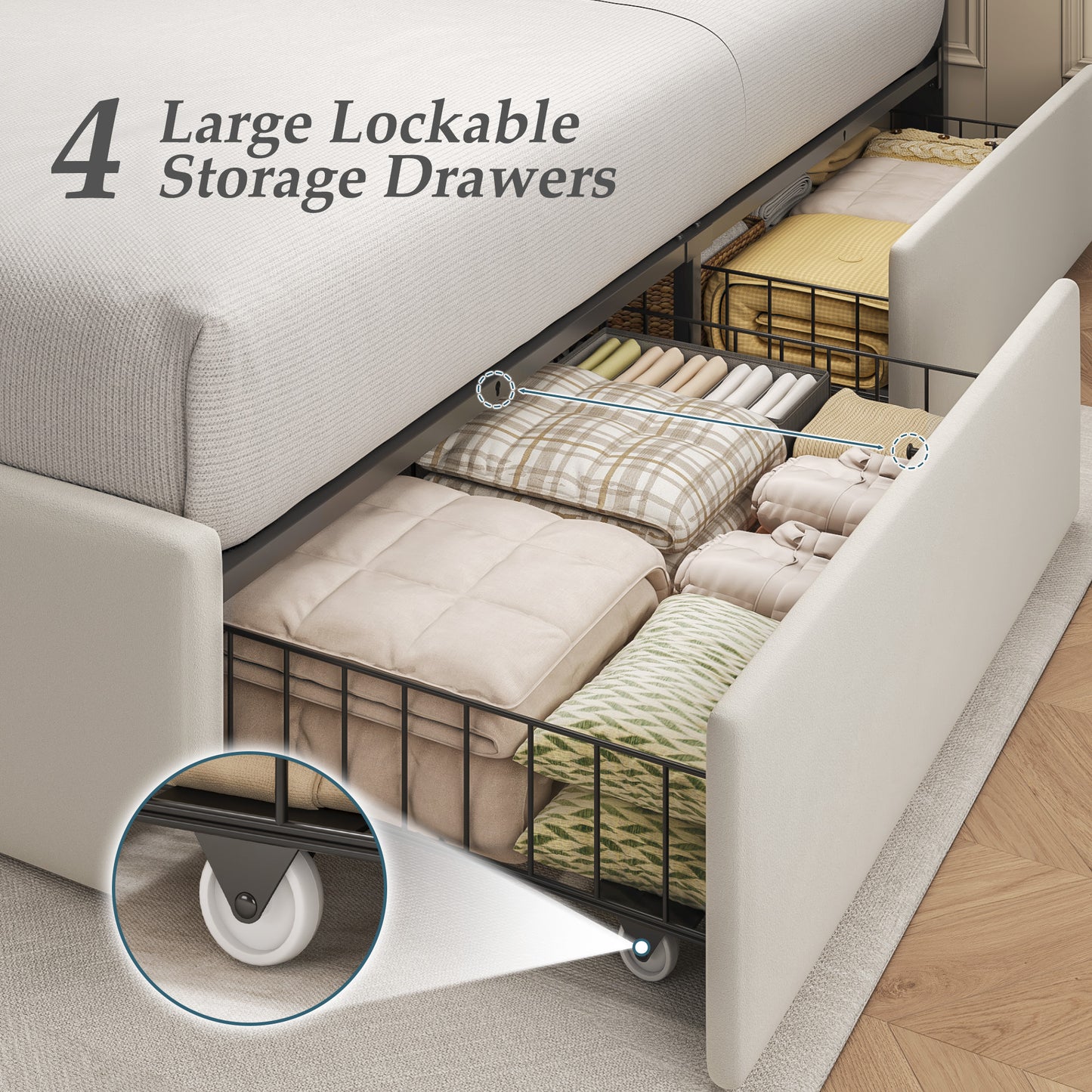 Lifezone Velvet Upholstered Queen Bed Frame with 4 Storage Drawers and Headboard, Bed Frame Queen Size with Metal Support, No Box Spring Needed, No-Noise, Easy Assembly