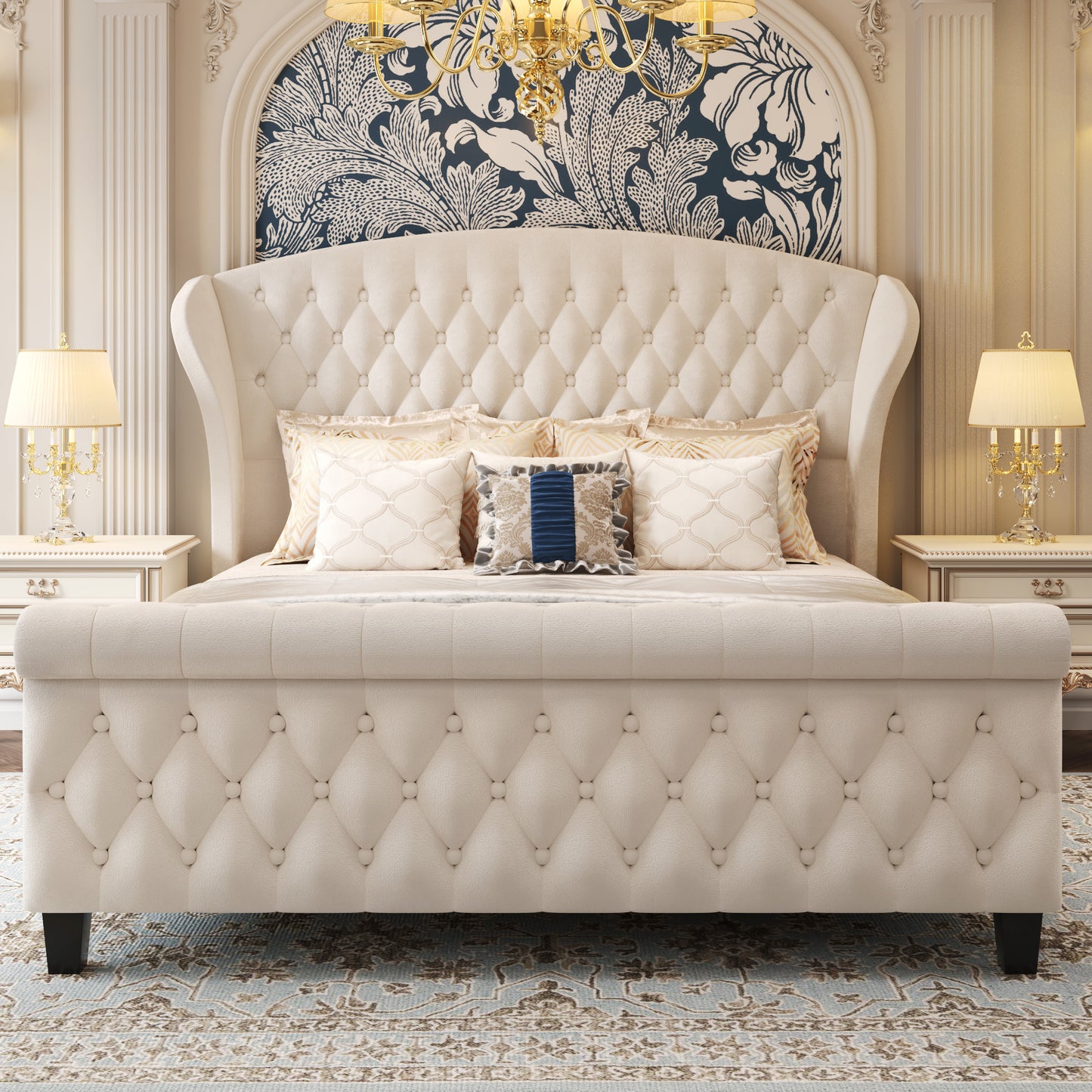 Lifezone Queen Bed Frame with Scroll Wingback Headboard, 52.5" Tall Velvet Upholstered Sleigh Bed Frame, Easily Assemble No Box Spring Needed, Beige