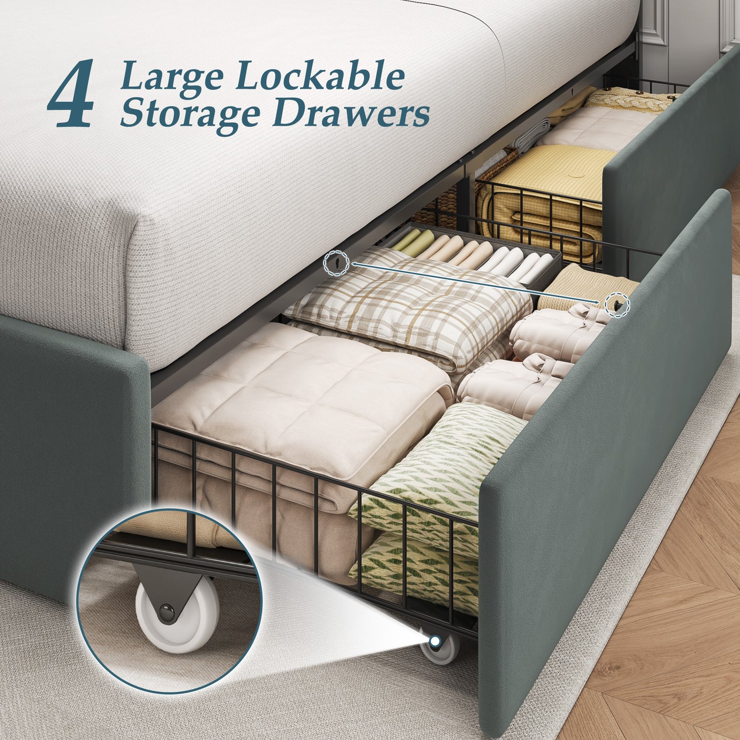 Lifezone Velvet Upholstered Queen Bed Frame with 4 Storage Drawers and Headboard, Bed Frame Queen Size with Metal Support, No Box Spring Needed, No-Noise, Easy Assembly