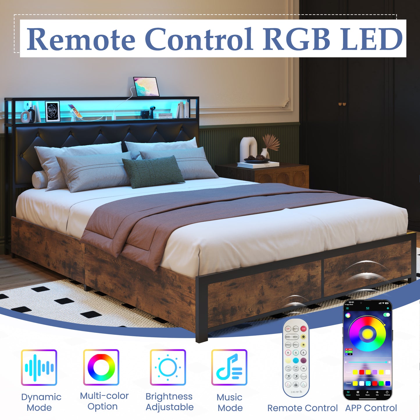 Lifezone Queen Bed Frame with Headboard Platform Bed with Charging Station & LED, 4 Storage Drawers, Metal Support