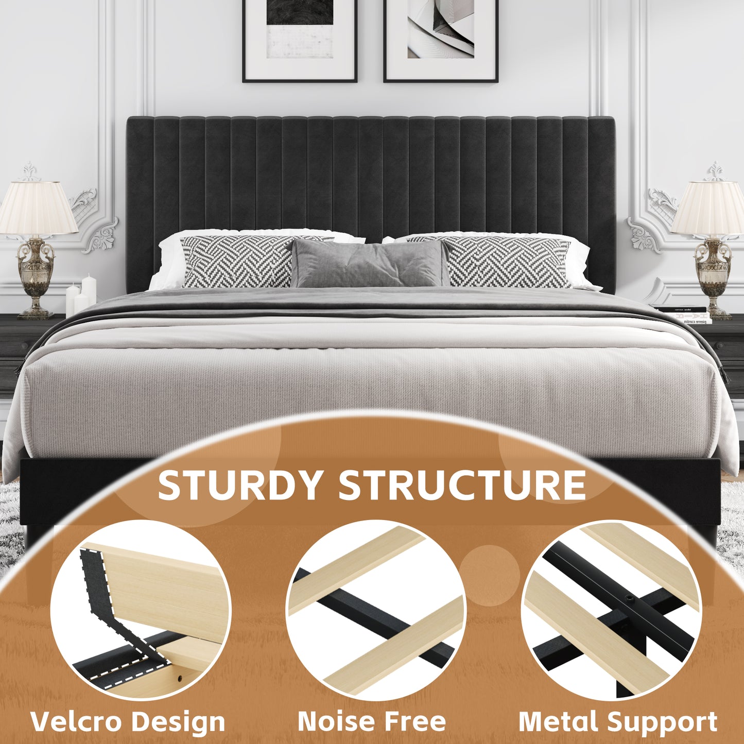 Lifezone Queen Bed Frame with Adjustable headboard,Velvet Upholstered Headboard with Wood Slats Support,Easy Assembly,No Box Spring Needed,Black