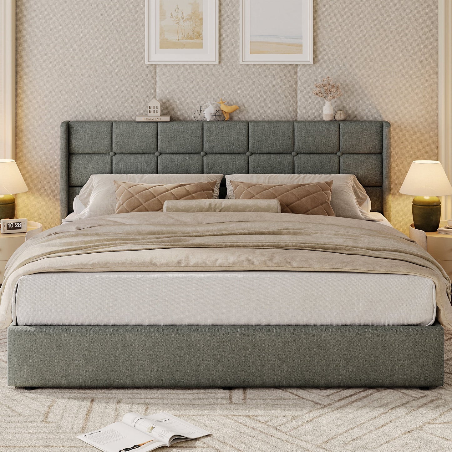 Lifezone King Linen Upholstered Storage Bed Frame with Button Tufted Wingback Headboard, Hydraulic Lift-up Under-Bed Storage, Gray