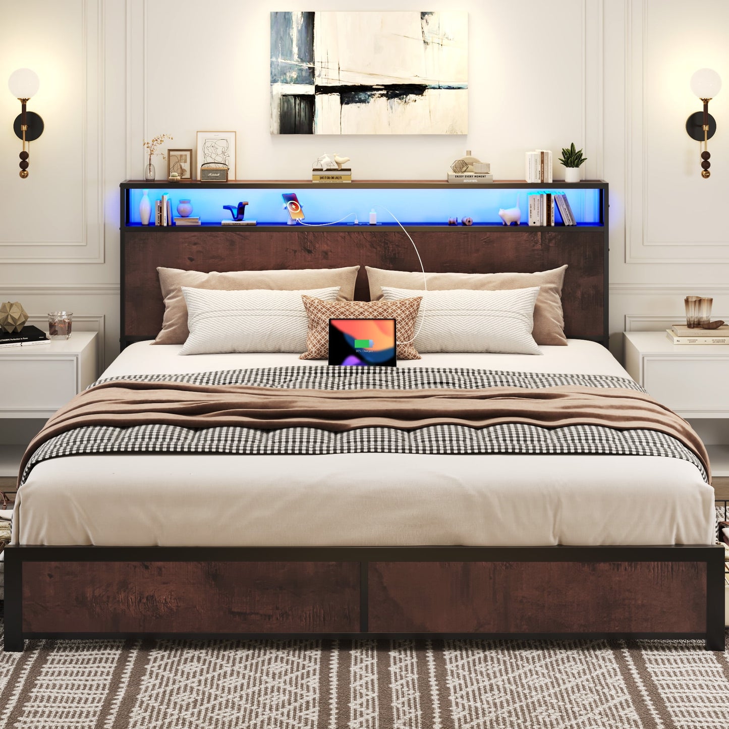 Lifezone King Size Bed Frame with 2-Tier Bookcase Headboard Platform Bed with Charging Station & LED, 4 Storage Drawers, Metal Support, No Box Spring Needed, Noise Free, Brown
