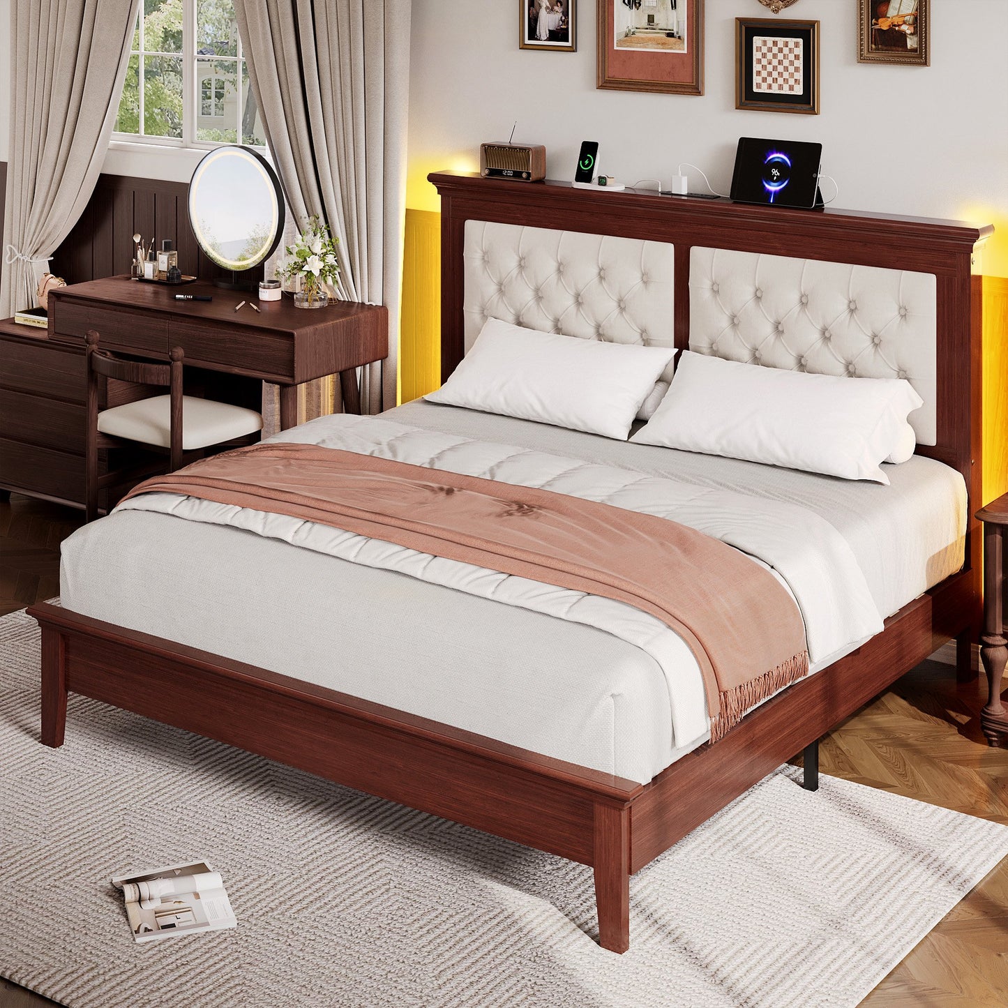 Lifezone Queen Solid Wood Platform Bed Frame, Diamond Tufted Upholstered Headboard with LED Lights, Noise-Free, Reddish Brown