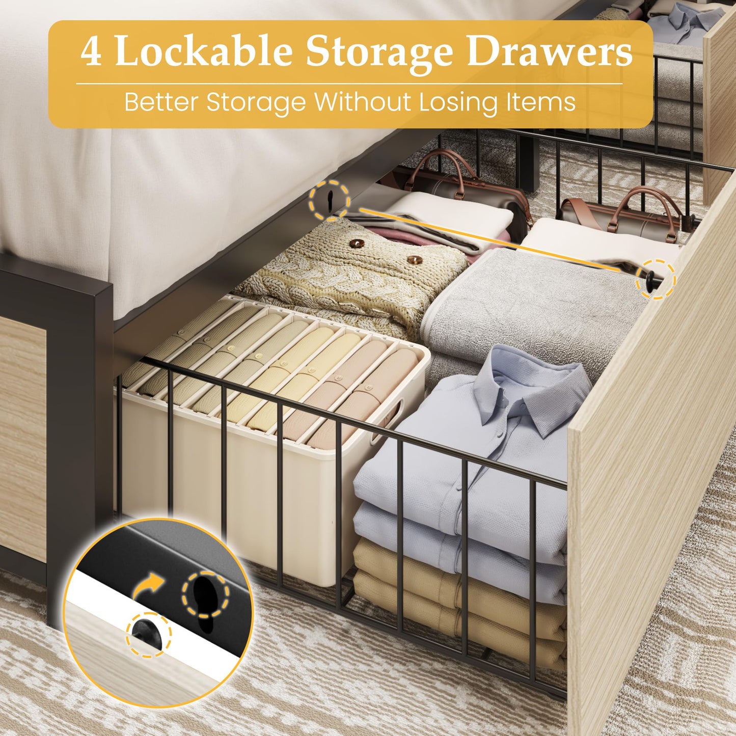 Lifezone King Bed Frame with 2-Tier Storage Headboard, Metal Platform Bed Frame with 4 Storage Drawers, Built in Charging Station & LED, Noise-Free/Metal Support/No Box Spring Needed, Beige