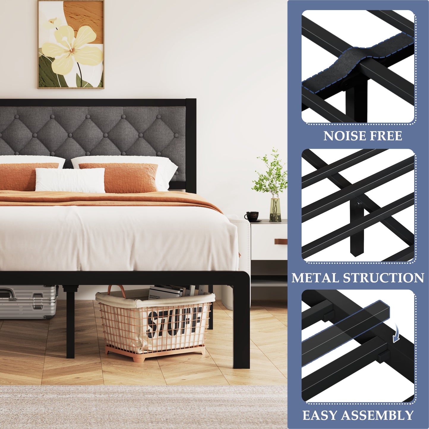 Lifezone Upholstered Bed Frame with Headboard, Full, Metal Support, No Box Spring Needed, Noise Free, Easy Assembly, Grey