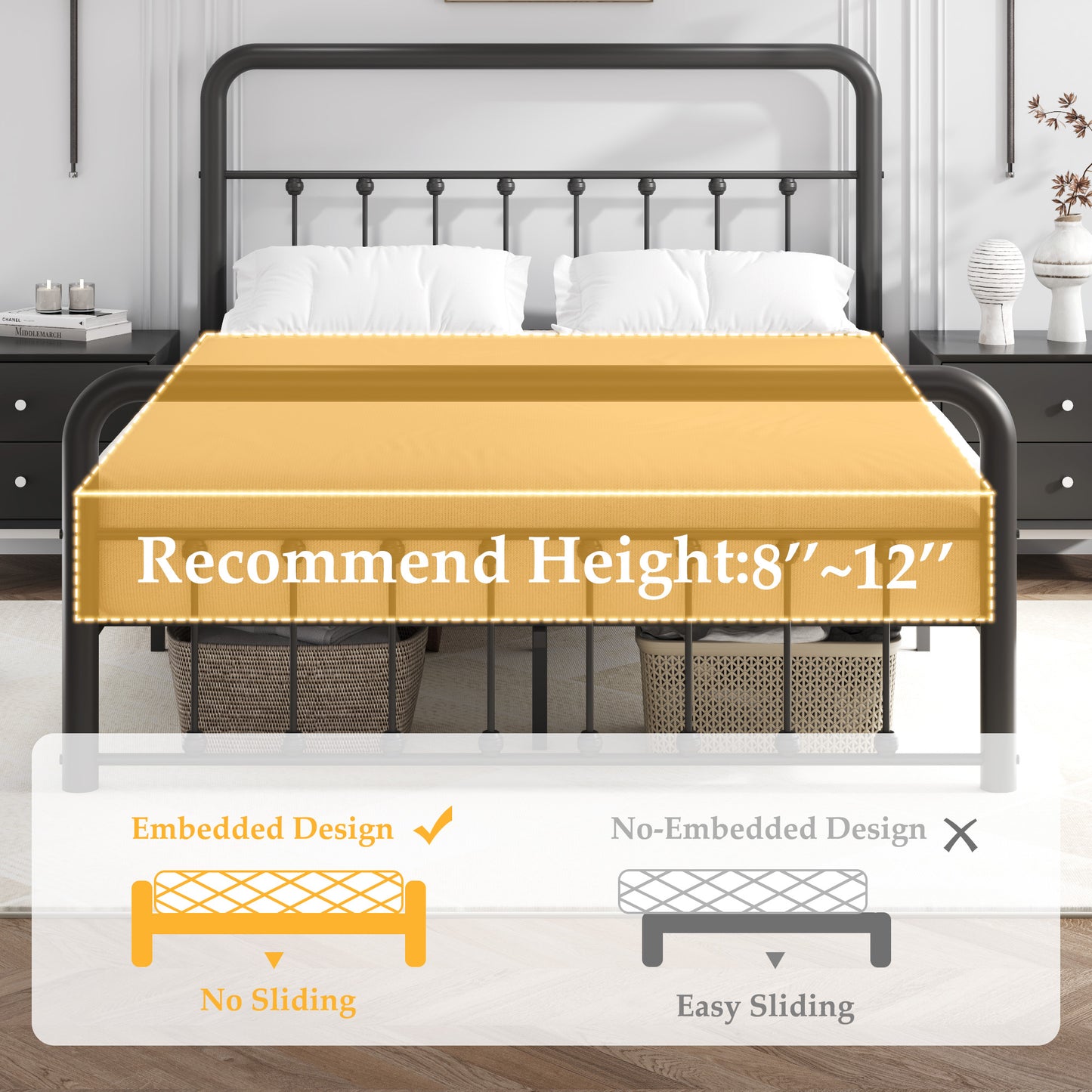 Lifezone Queen bed frame, classic metal platform bed frame, with charging station and LED, no need for springs, no noise, black