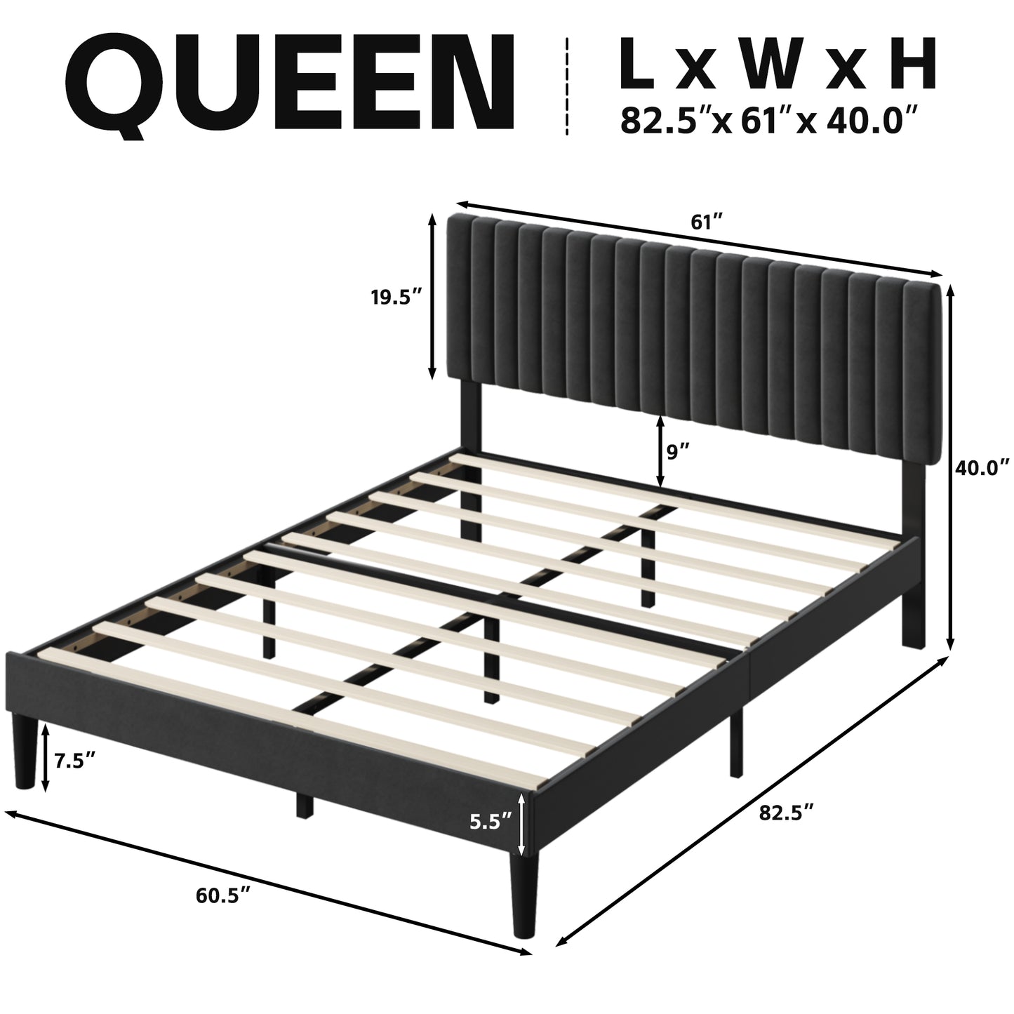 Lifezone Queen Bed Frame with Adjustable headboard,Velvet Upholstered Headboard with Wood Slats Support,Easy Assembly,No Box Spring Needed,Black