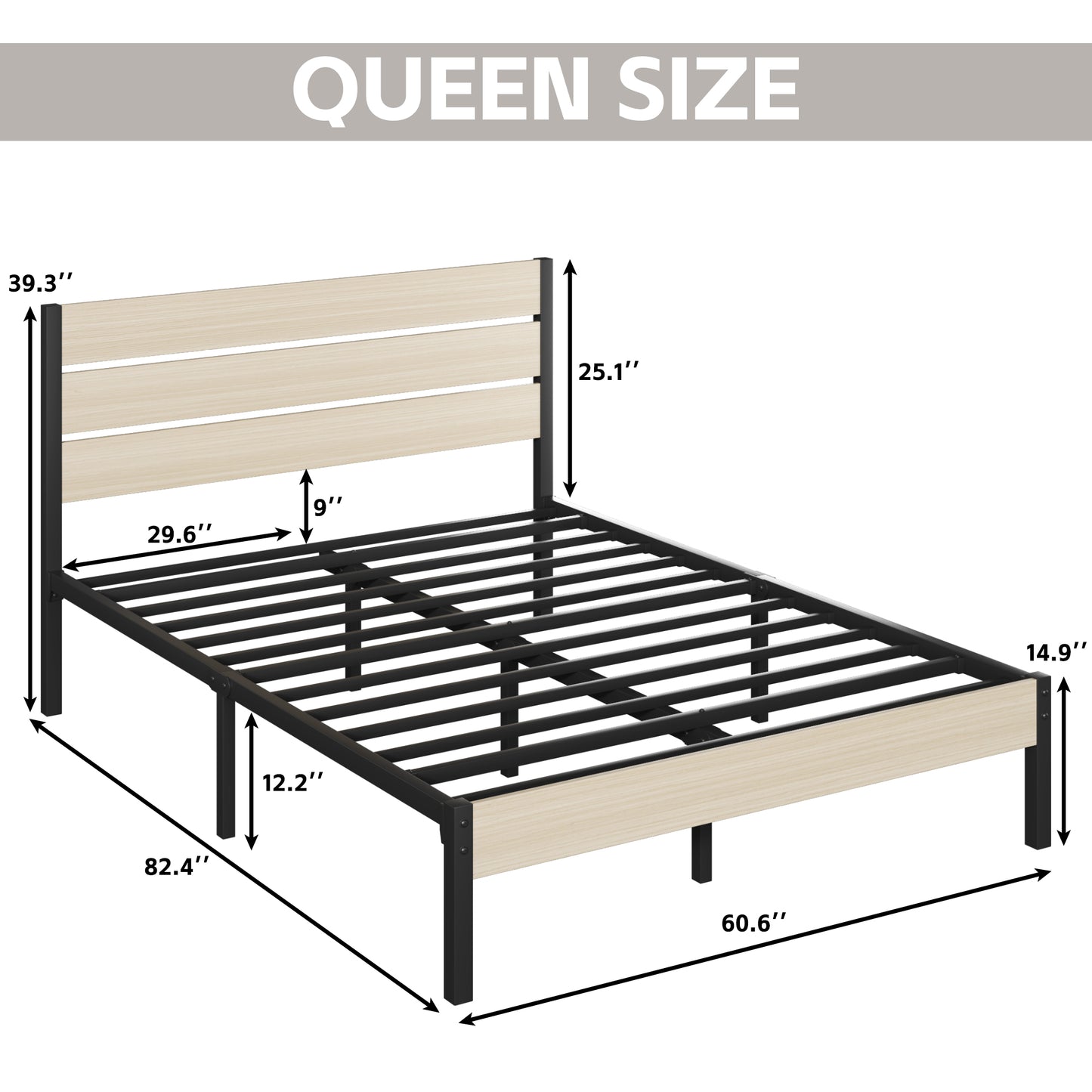 Lifezone Queen Bed Frame with Rustic Vintage Wood Headboard and Footboard,Metal Support,Grey