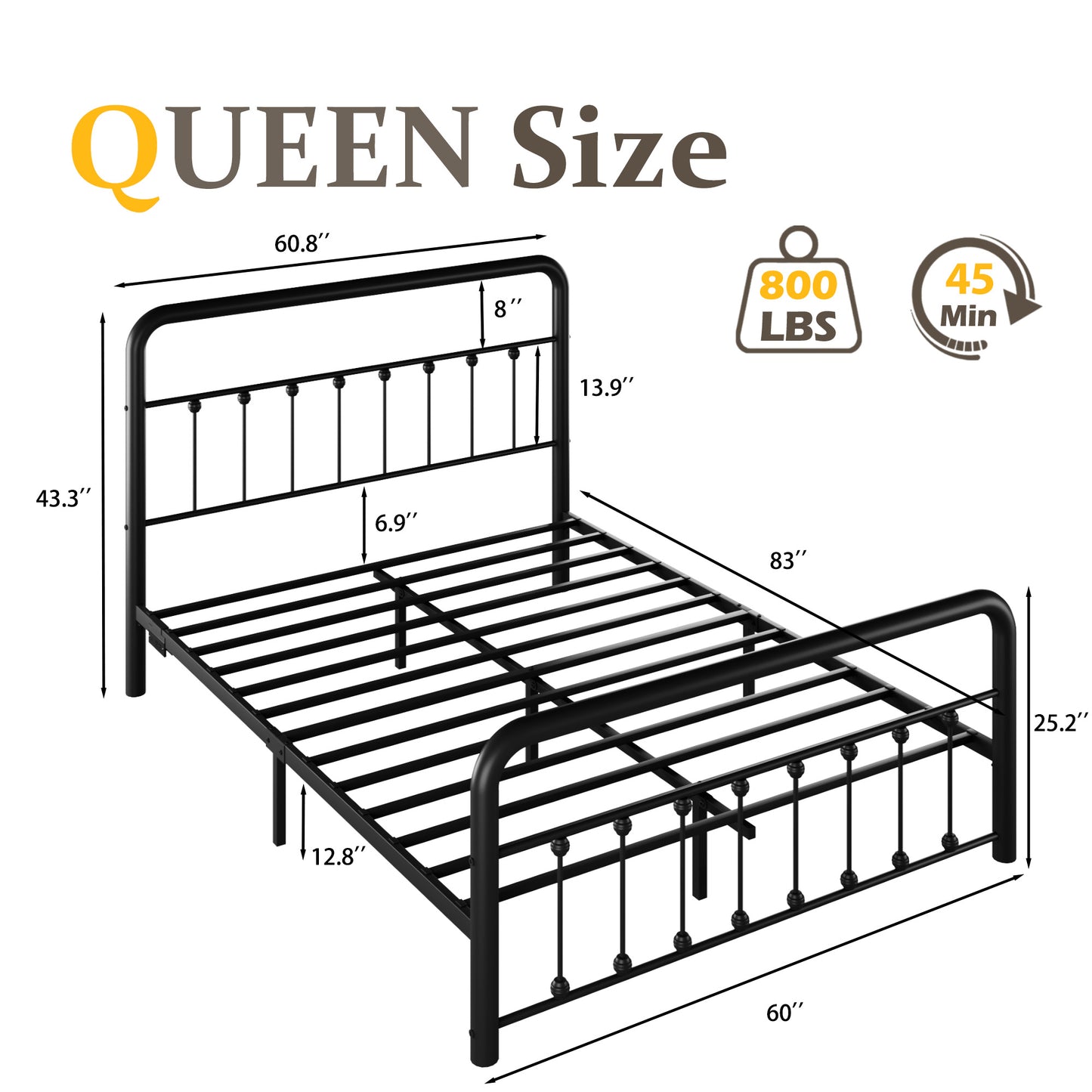 Lifezone Queen bed frame, classic metal platform bed frame, with charging station and LED, no need for springs, no noise, black