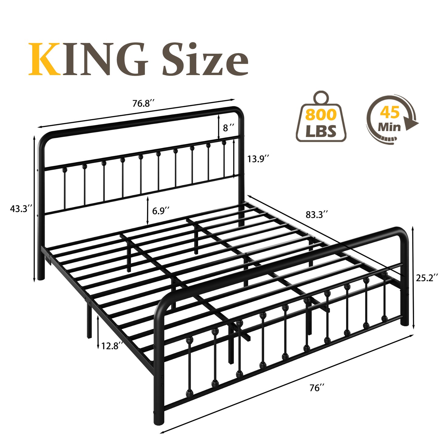 Lifezone Queen bed frame, classic metal platform bed frame, with charging station and LED, no need for springs, no noise, black