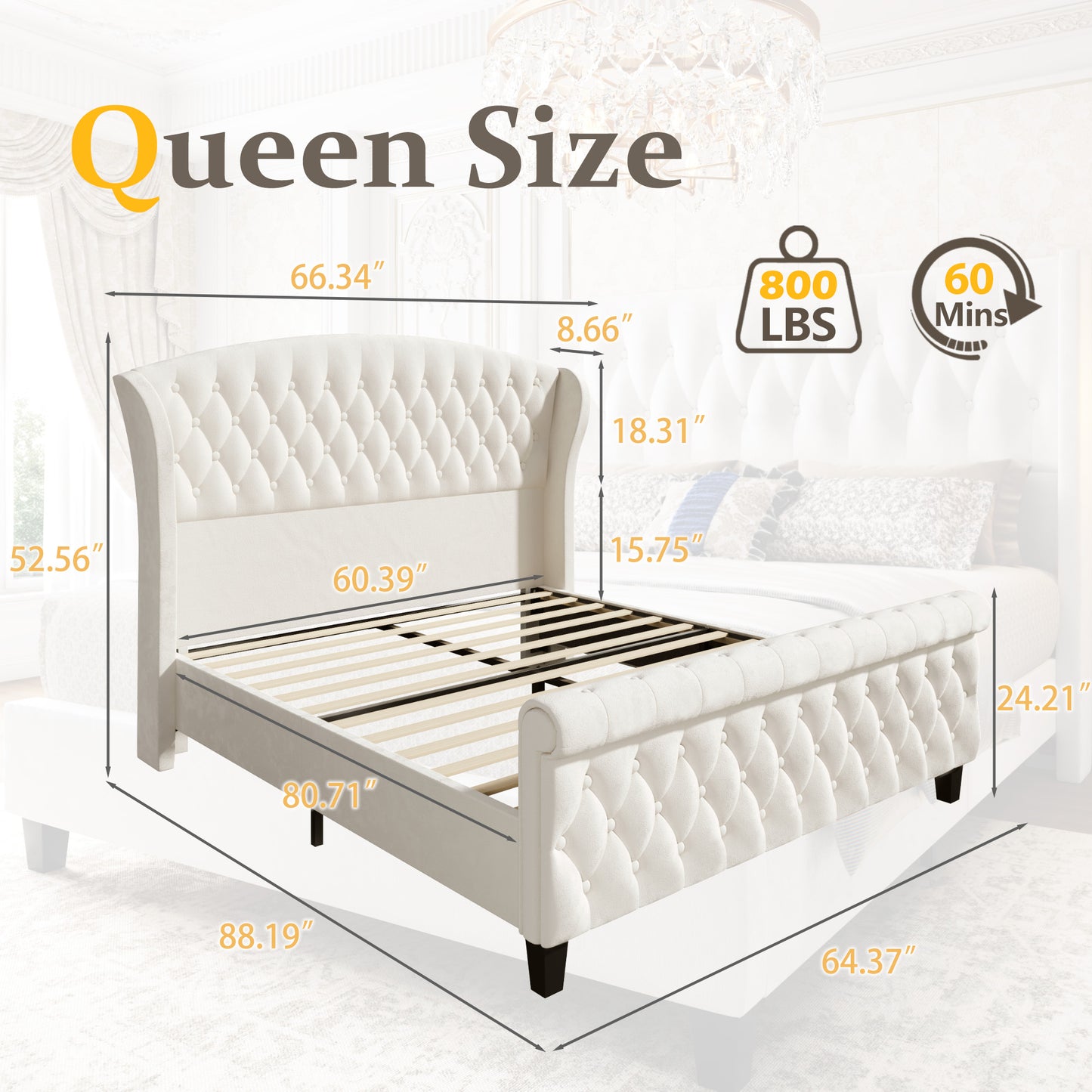 Lifezone Queen Bed Frame with Scroll Wingback Headboard, 52.5" Tall Velvet Upholstered Sleigh Bed Frame, Easily Assemble No Box Spring Needed, Beige