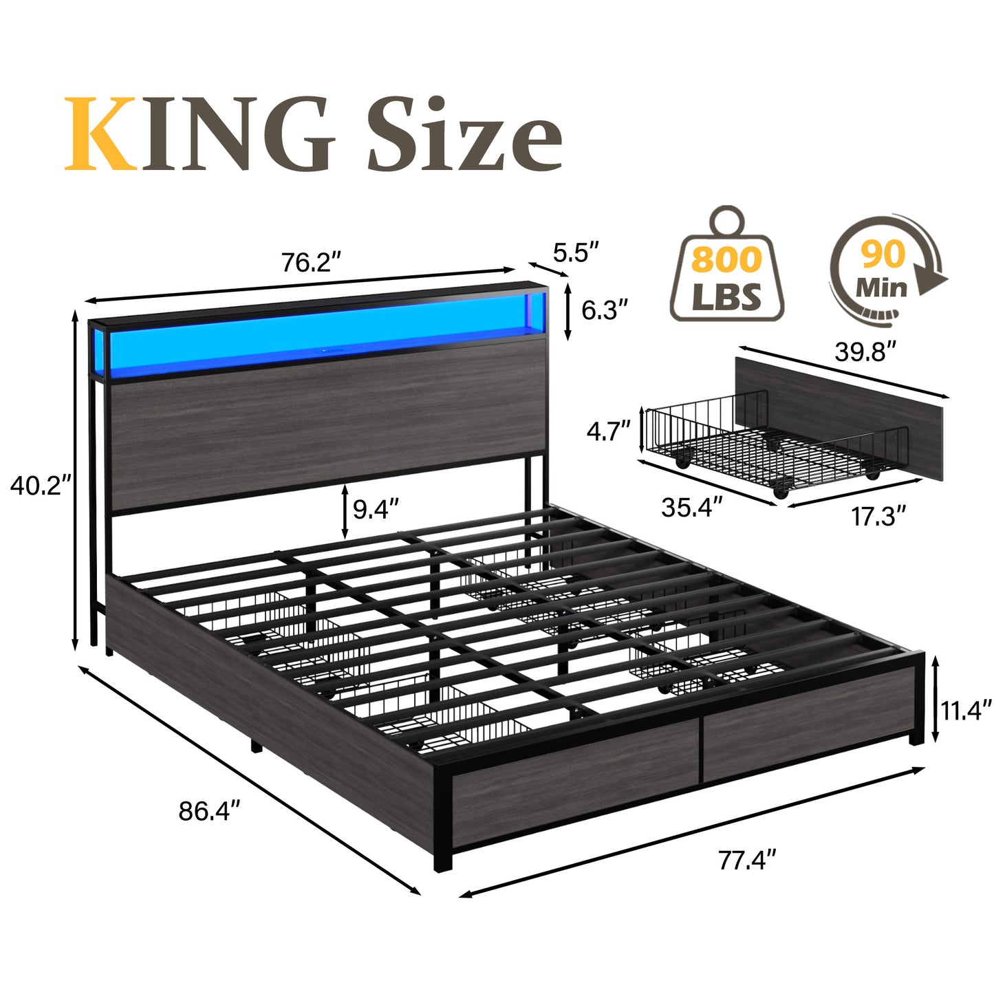 Lifezone King Size Bed Frame with 2-Tier Bookcase Headboard Platform Bed with Charging Station & LED, 4 Storage Drawers, Metal Support, No Box Spring Needed, Noise Free, Grey