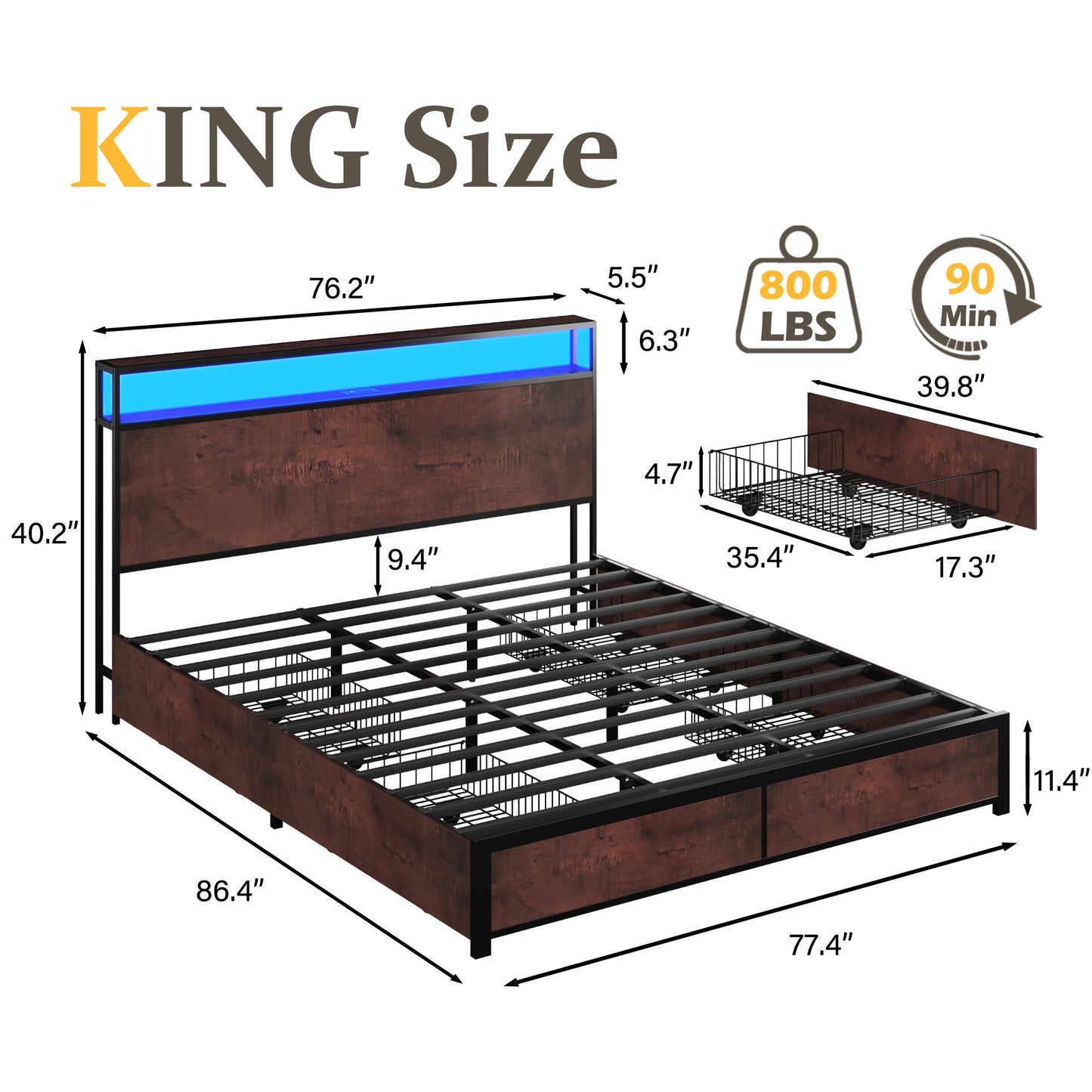 Lifezone King Size Bed Frame with 2-Tier Bookcase Headboard Platform Bed with Charging Station & LED, 4 Storage Drawers, Metal Support, No Box Spring Needed, Noise Free, Grey