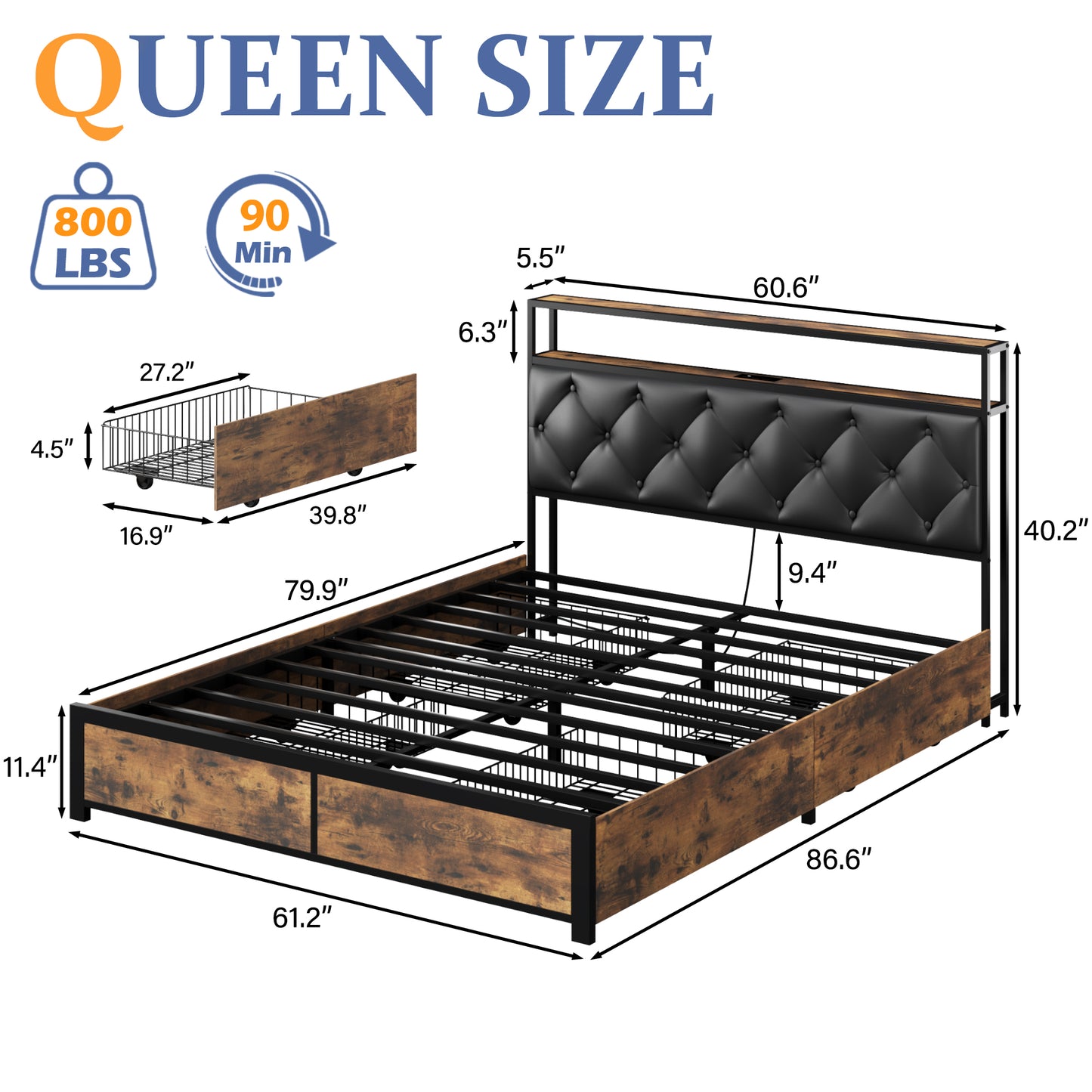 Lifezone Queen Bed Frame with Headboard Platform Bed with Charging Station & LED, 4 Storage Drawers, Metal Support
