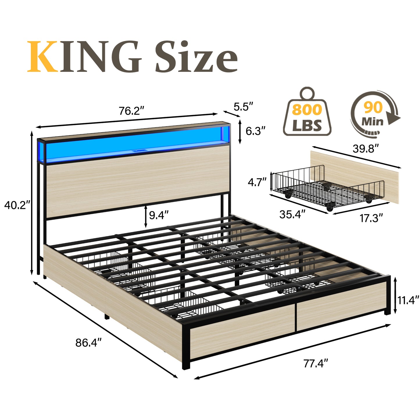 Lifezone King Size Bed Frame with 2-Tier Bookcase Headboard Platform Bed with Charging Station & LED, 4 Storage Drawers, Metal Support, No Box Spring Needed, Noise Free, Grey