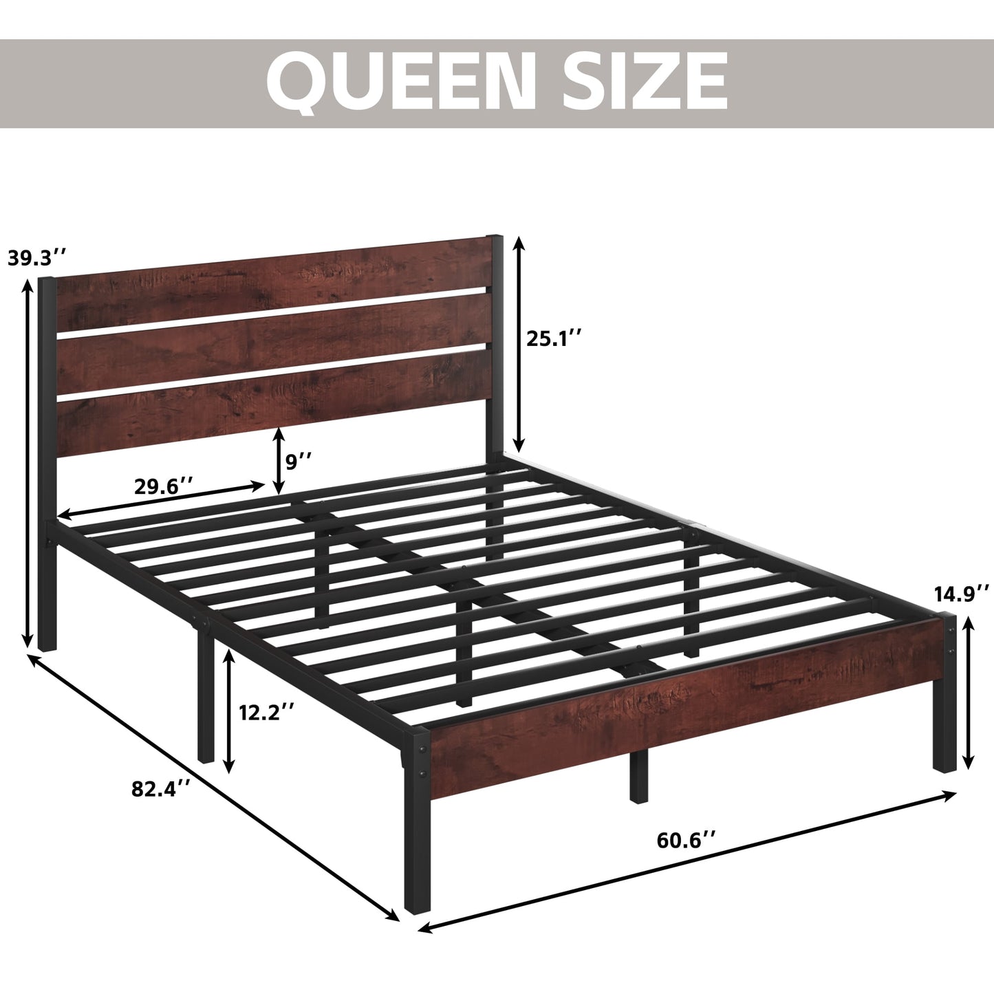 Lifezone Queen Bed Frame with Rustic Vintage Wood Headboard and Footboard,Metal Support, VintageBrown