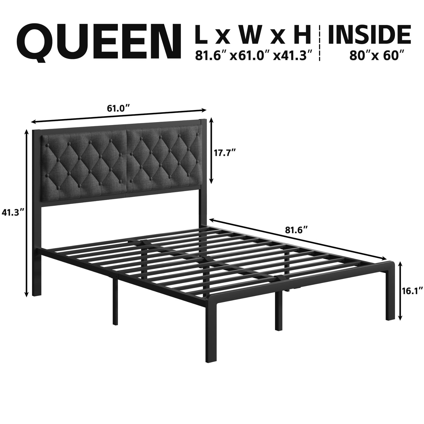 Lifezone Queen Bed Frame with Linen Upholstered Headboard, Metal Support, No Box Spring Needed, Grey
