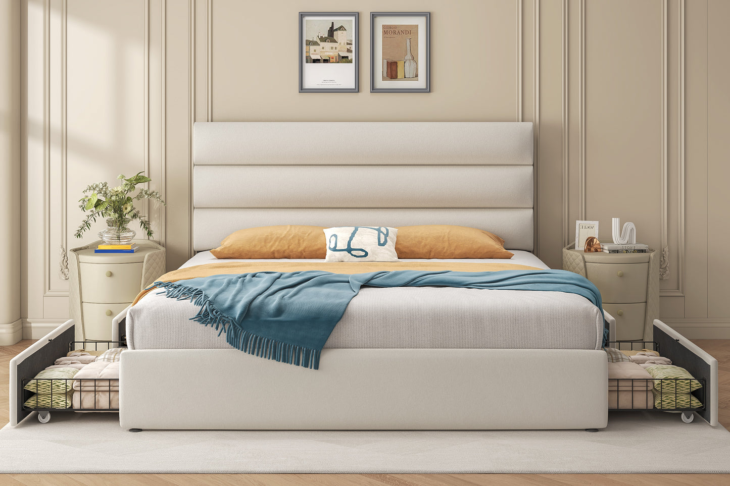 Lifezone Velvet Upholstered Queen Bed Frame with 4 Storage Drawers and Headboard, Bed Frame Queen Size with Metal Support, No Box Spring Needed, No-Noise, Easy Assembly