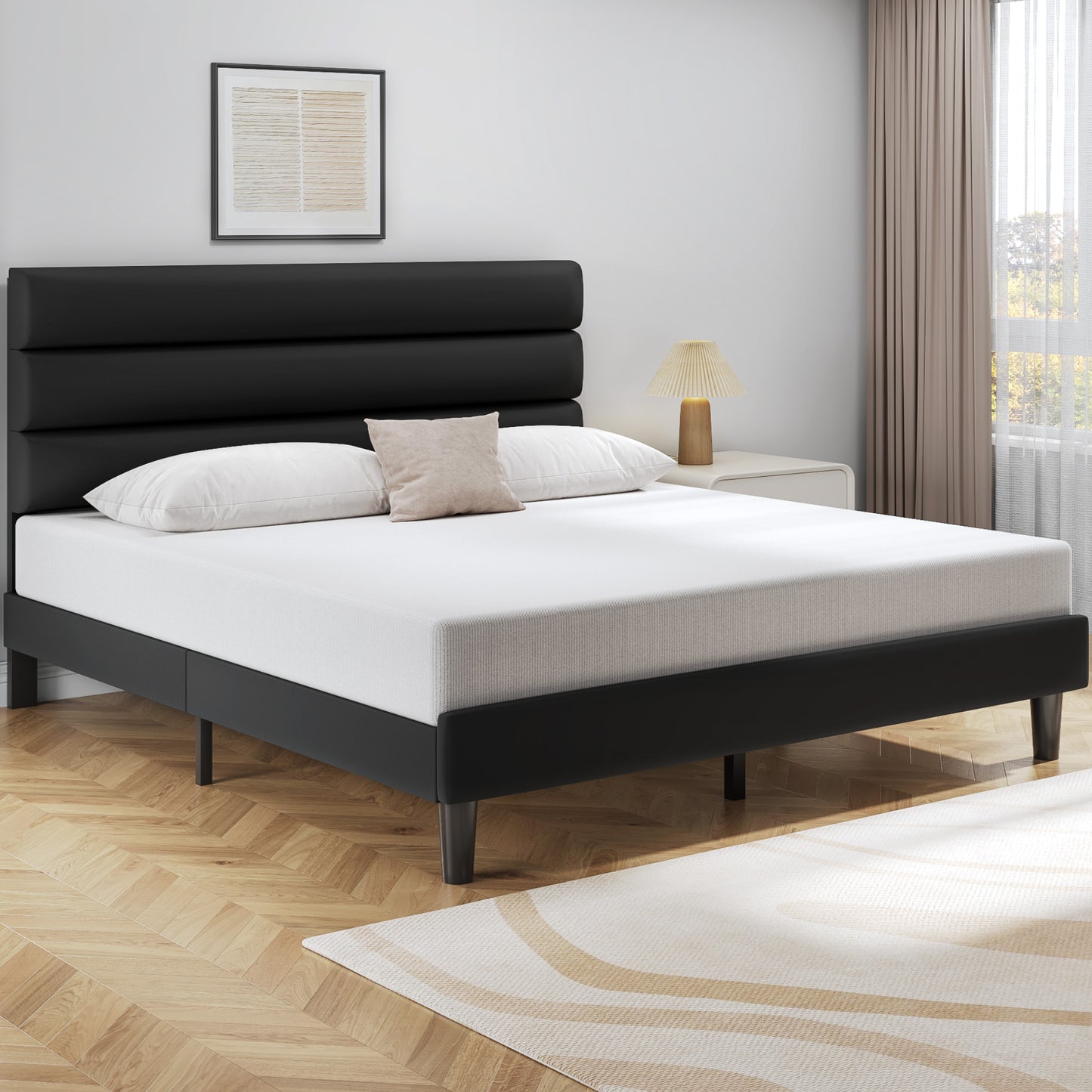 Queen Bed Frame, Platform Bed Frame with Velvet Upholstered Headboard, No Box Spring Needed, Sturdy Metal Support, Noise Free, Easy Assembly, Modern Bedroom Furniture