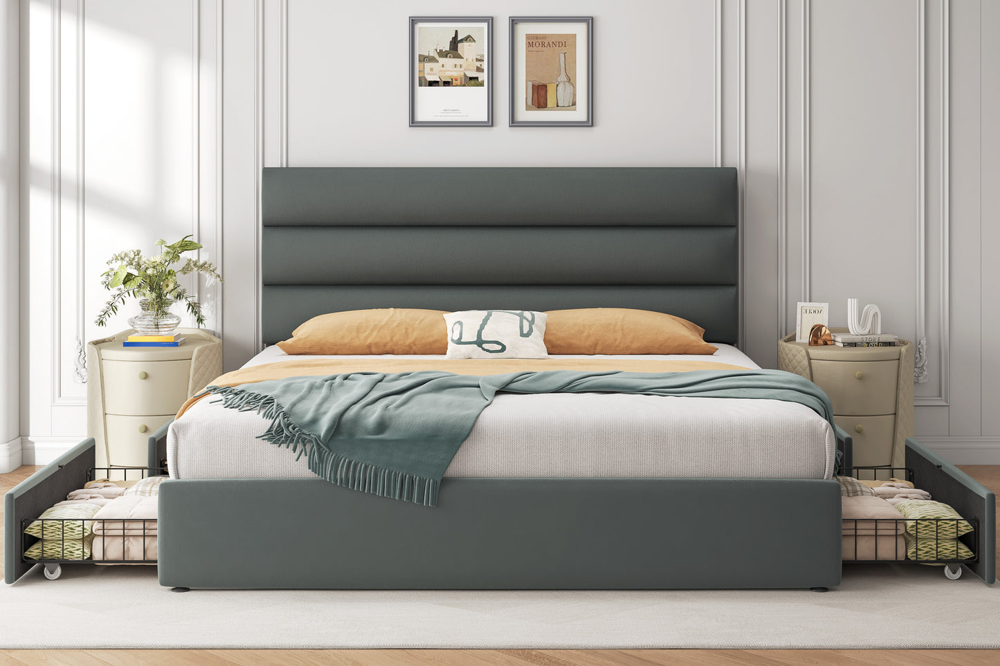Lifezone Velvet Upholstered Queen Bed Frame with 4 Storage Drawers and Headboard, Bed Frame Queen Size with Metal Support, No Box Spring Needed, No-Noise, Easy Assembly