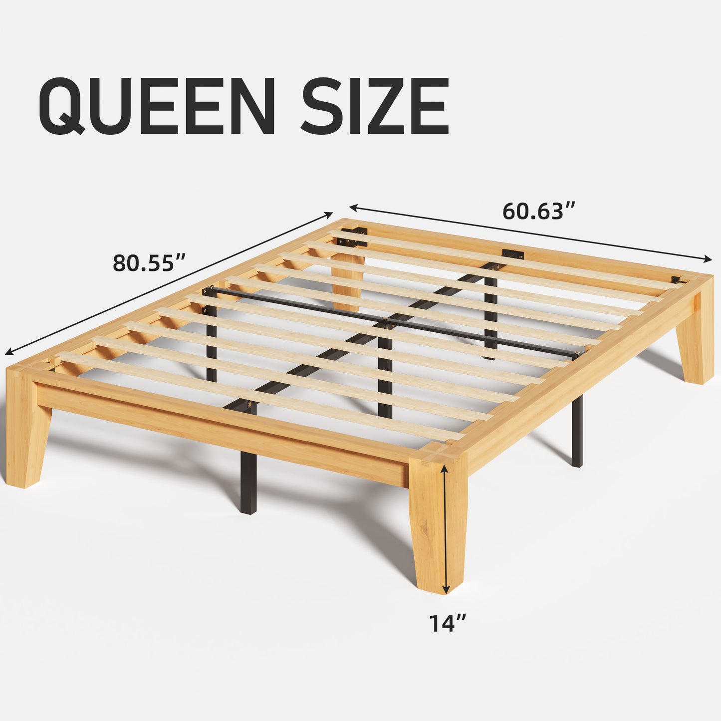 Lifezone Wood Queen Platform Bed Frame, Premium Solid Wood, Sturdy Structure, 3.78” Thickened & 14” Height Legs, Easily Assemble, Mortise & Tenon Joints Patterns, Natural