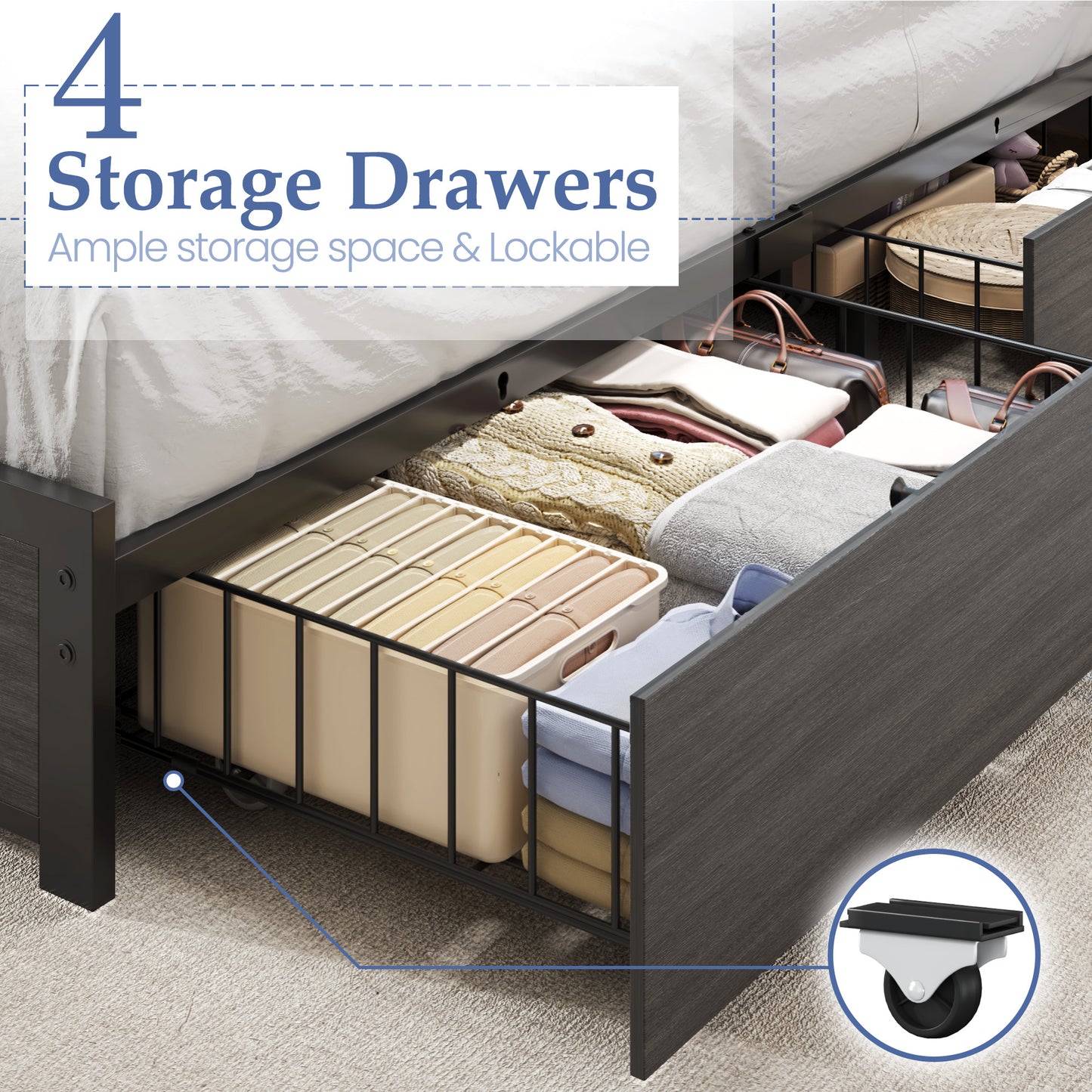 Lifezone Queen Size Platform Bed Frame with High Storage Bookcase Headboard, Queen Bed Frame with 4 Storage Drawers,Charging Station & LED, No Box Spring Needed/Noise Free