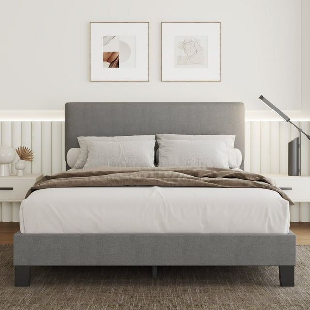Lifezone Queen Size Light Gray Panel Bed Frame with Adjustable Headboard, Fabric Upholstered Platform Bed Frame