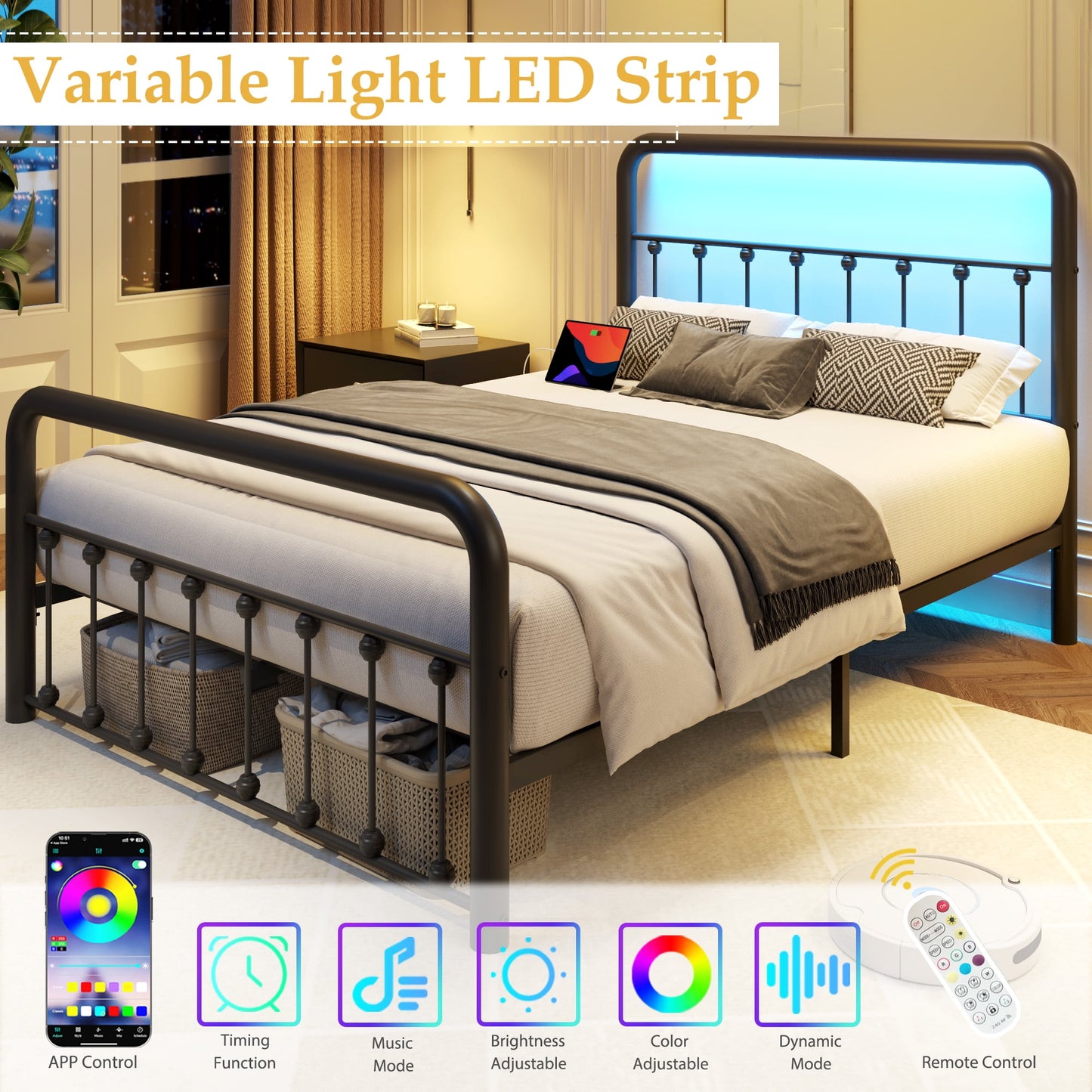 Lifezone Full Bed Frame, Classic Metal Platform Bed Frame, with Charging Station and LED, No Need for Springs, Black