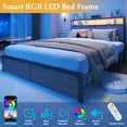 Lifezone Queen Bed Frame with 2-Tier Storage Headboard Platform Bed with Built-in Charging Station & LED, Foot-board Storage Drawers, Metal Support, No Spring Box Needed, Rustic Grey