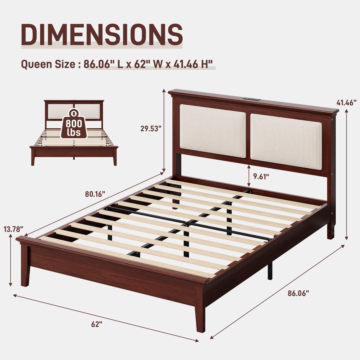 Lifezone Queen Solid Wood Platform Bed Frame, White Vertical Striped Upholstered Headboard with LED Light, Noise-Free, Reddish Brown