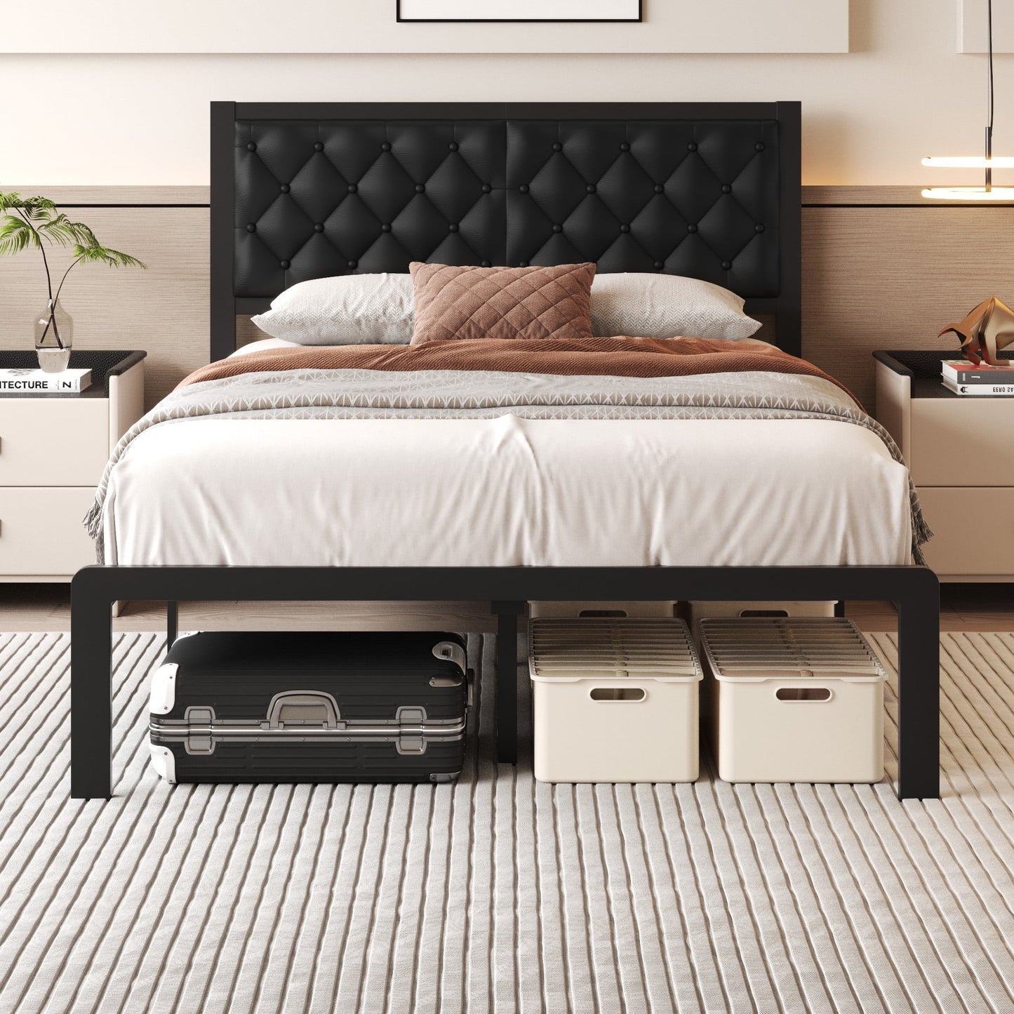 Lifezone Upholstered Bed Frame with Headboard, Full, Metal Support, No Box Spring Needed, Black