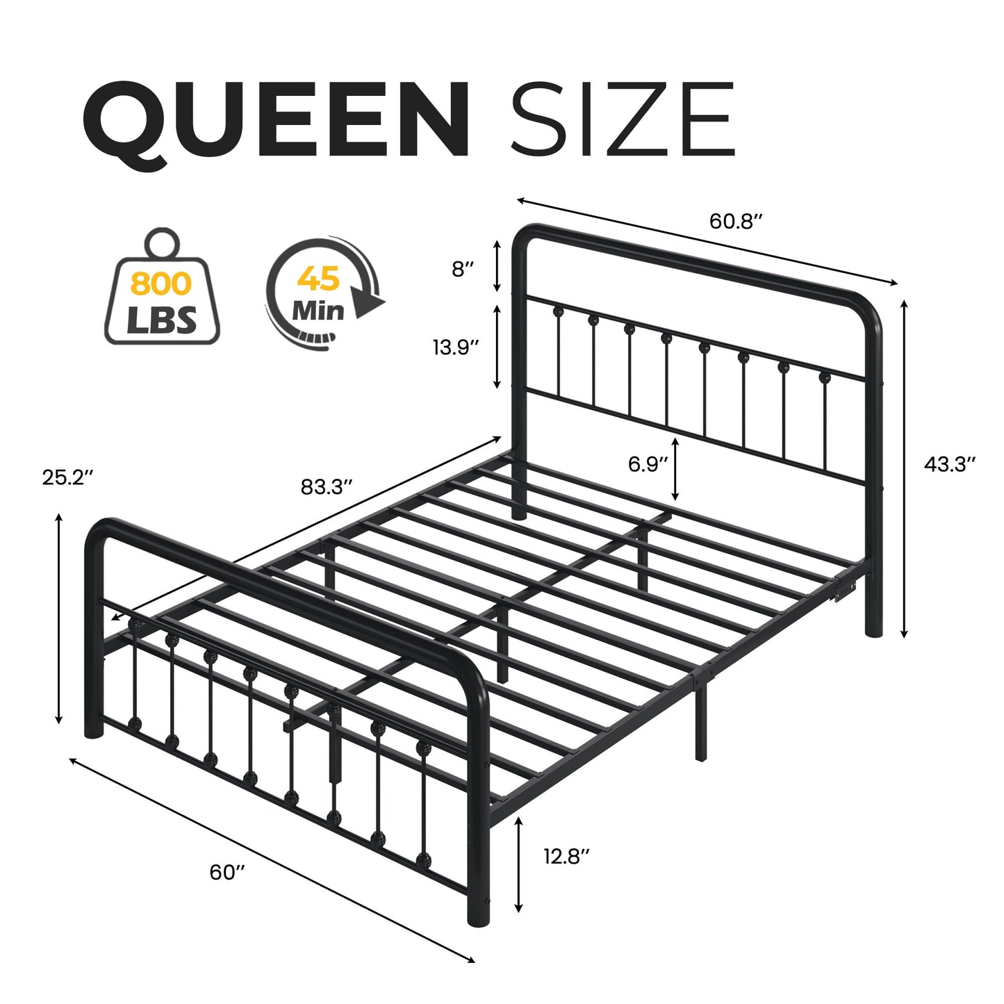 Lifezone Queen Bed Frame, Classic Metal Platform Bed Frame, with Charging Station and LED, No Need for Springs, Modern Black