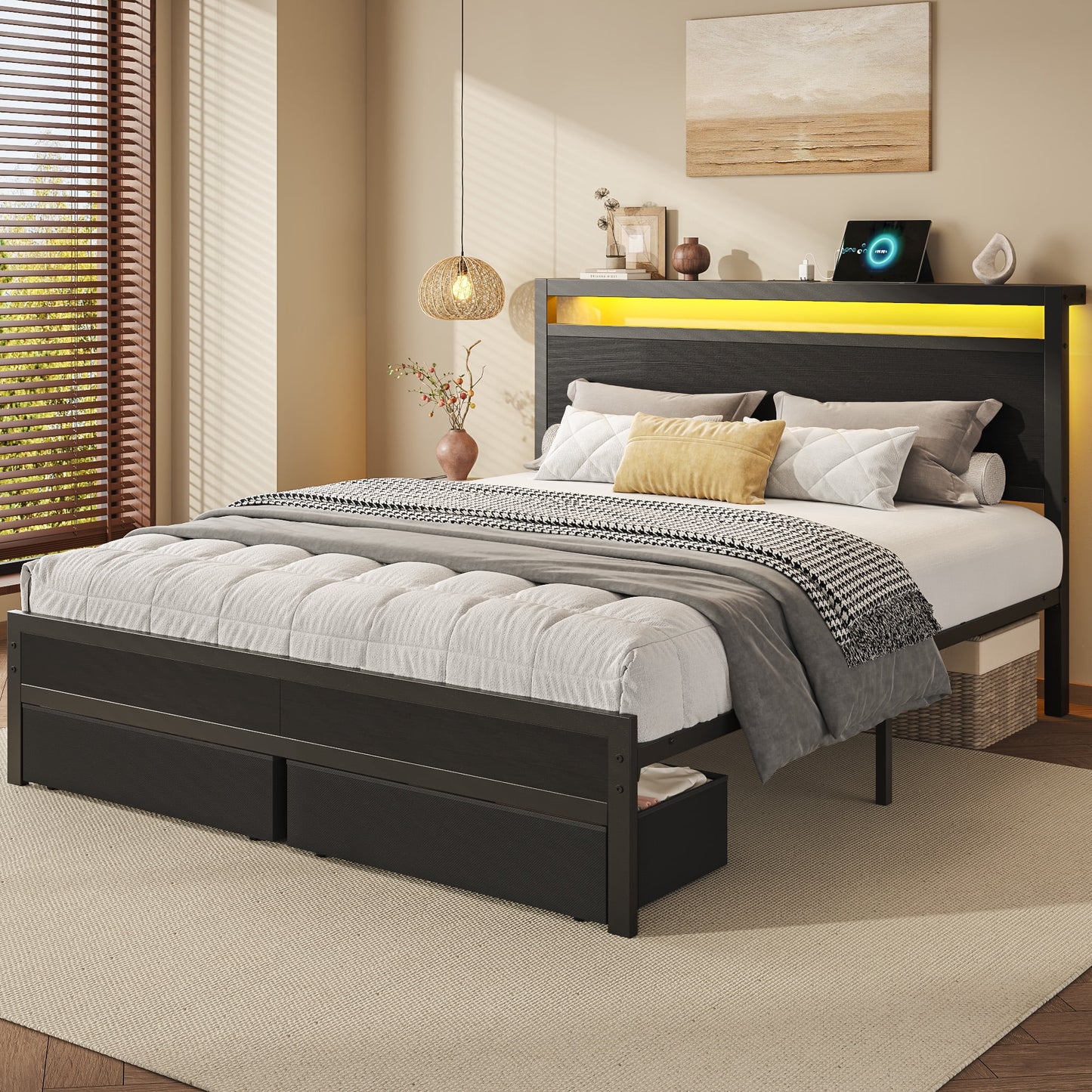 Queen Bed Frame with Headboard & Footboard, Bed Frame with Built-in Charging Station & LED Light, 2 Drawers, Storage Shelf, Noise-Free, No Box Spring Needed, Easy Assembly, Classic Black